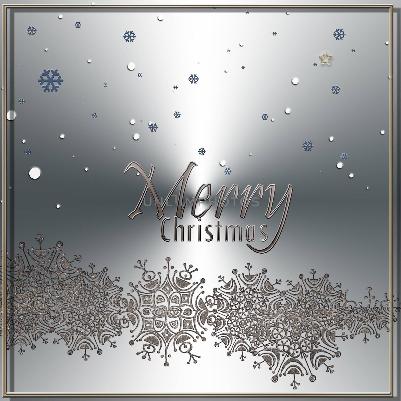 Luxury Christmas metal grey background with shining sparkling silver snowflakes, glitter texture and snow. Merry Christmas text. Greeting card, holiday banner, poster. Copy space. 3D illustration.