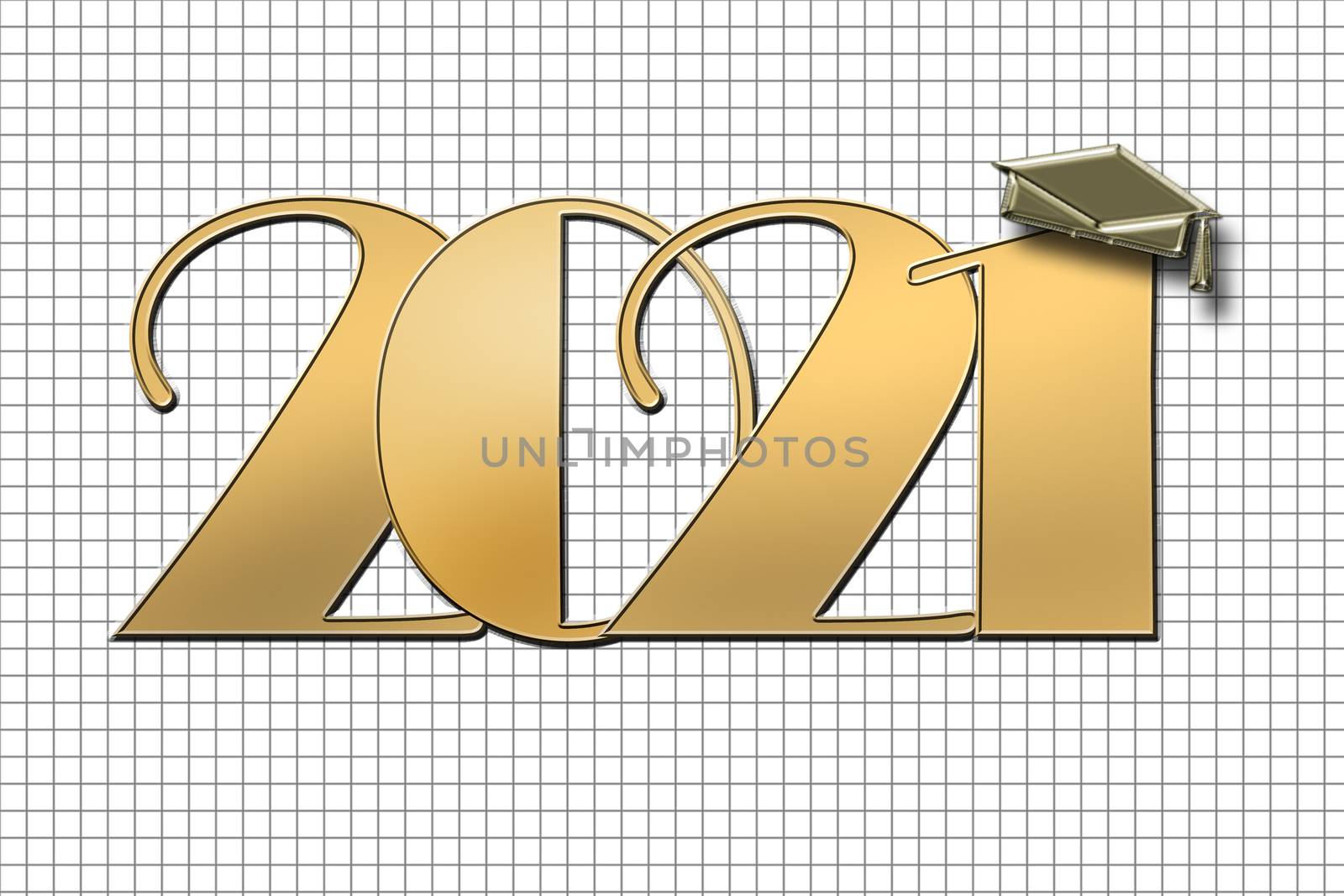 Class of 2021 with graduation Cap. Design for greeting card, invitation, poster, brochure, label. Luxury creative golden design. 3D Illustration