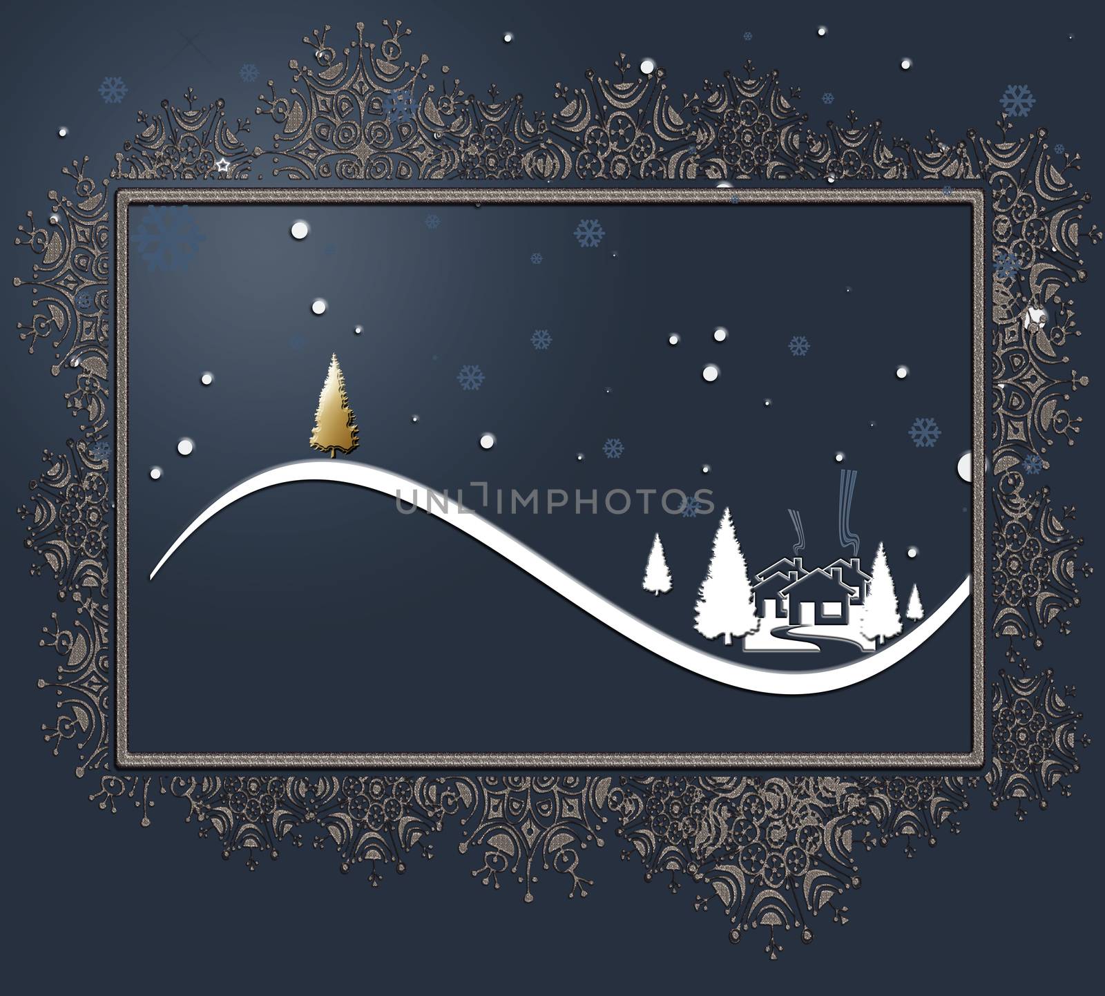 Beautiful stylish luxury Christmas winter night landscape with houses, moon, pine fir and gold Christmas trees on dark blue background, snowflake sparkling border. Design, poster. 3D Illustration