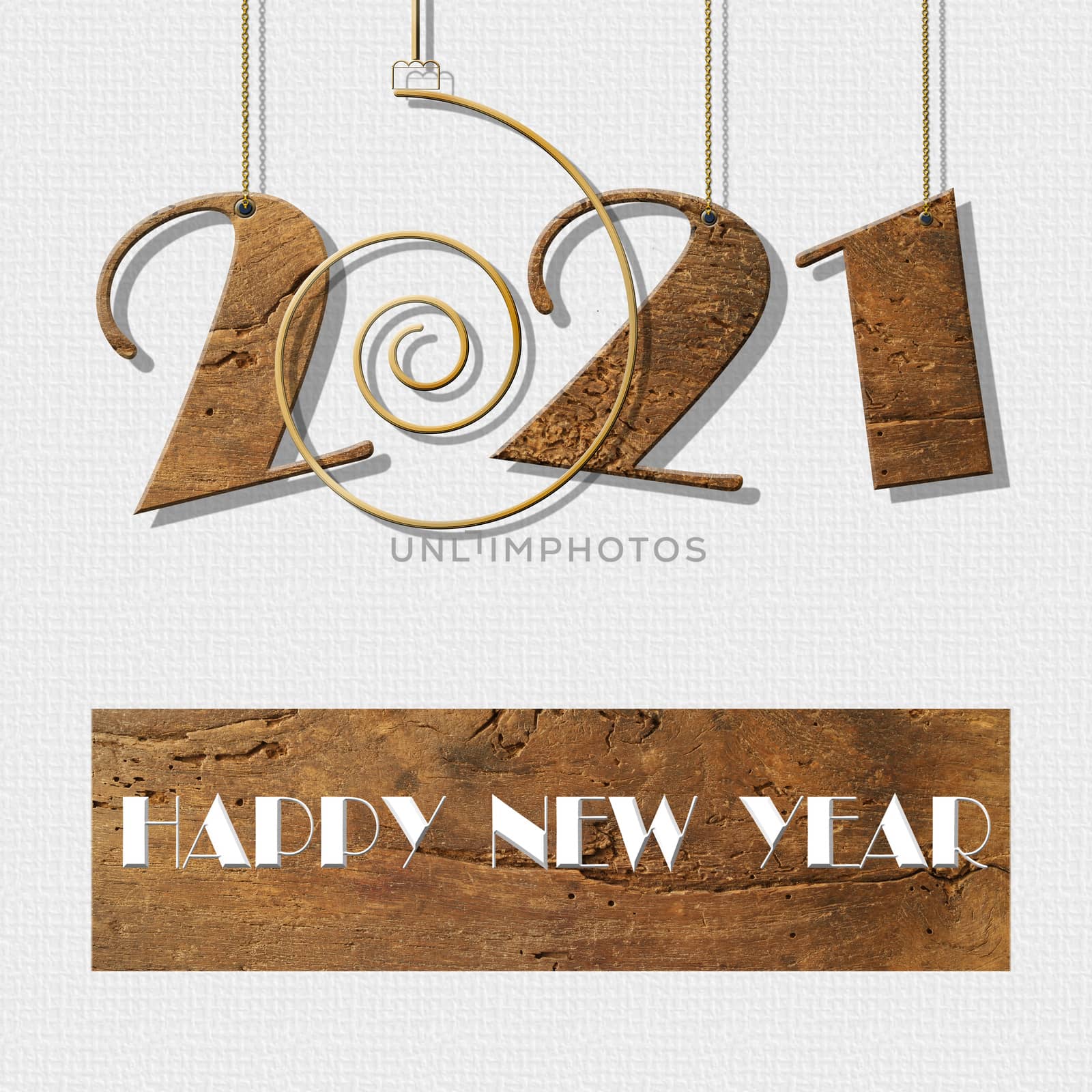2021 happy New Year card. Antique wood hanging number 2021, text Happy New Year on white background. Copy space. Business card. 3D illustration
