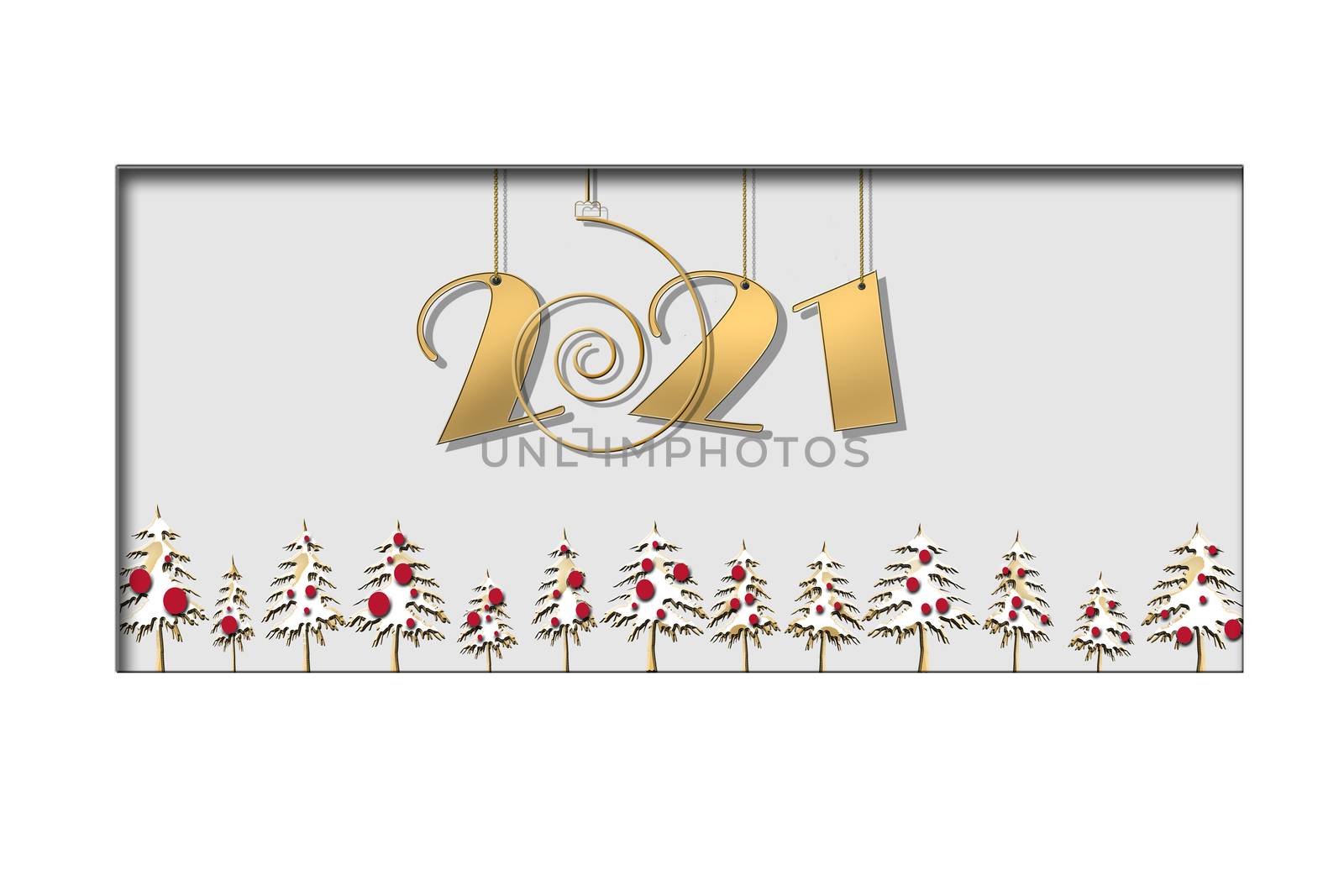 2021 happy New Year card. Hanging gold number 2021 with border of Christmas trees. Horizontal business card. 3D illustration