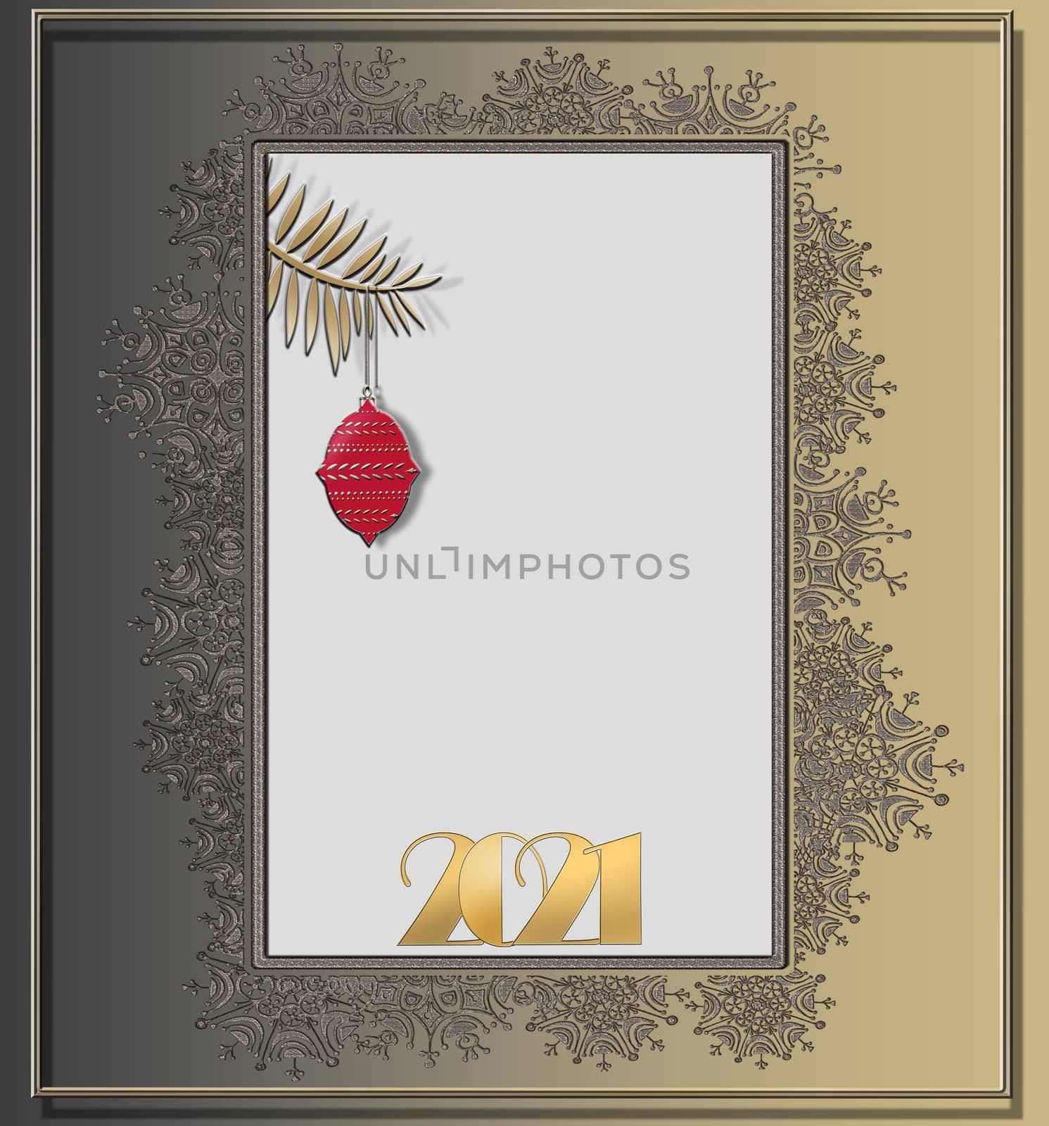 2021 Happy New Year background. Gold number 2021, hanging red ball on gold background with snowflakes border. Holiday flyer, greeting invitation card, banner. New Year selebration. 3D illustration.