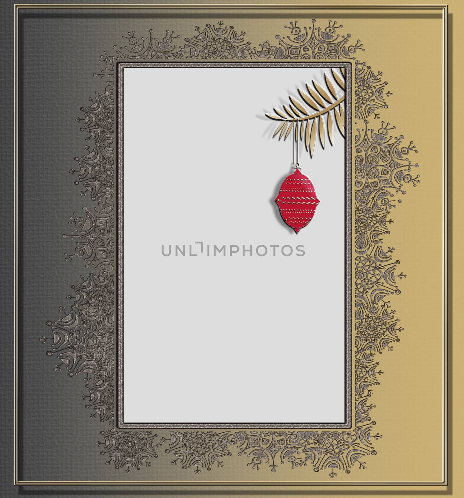 Golden background for 2021 New Year Christmas flyer, poster, sign, banner, web, header. Snowflake border frame and red hanging ball on gold black pastel background. Mock up. Copy space. 3D illustration