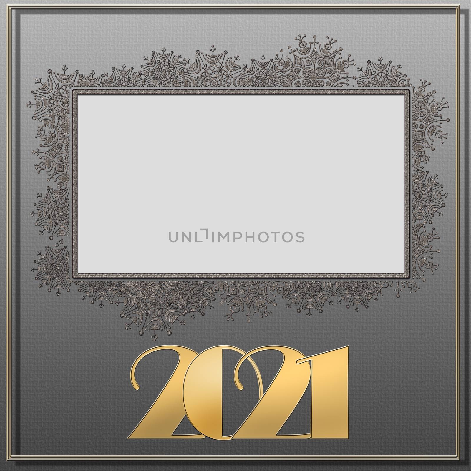 Classy 2021 Happy New Year background. Gold number 2021 on grey background with snowflakes border. Holiday flyer, greeting and invitation card, christmas banner. New Year selebration. 3D illustration.