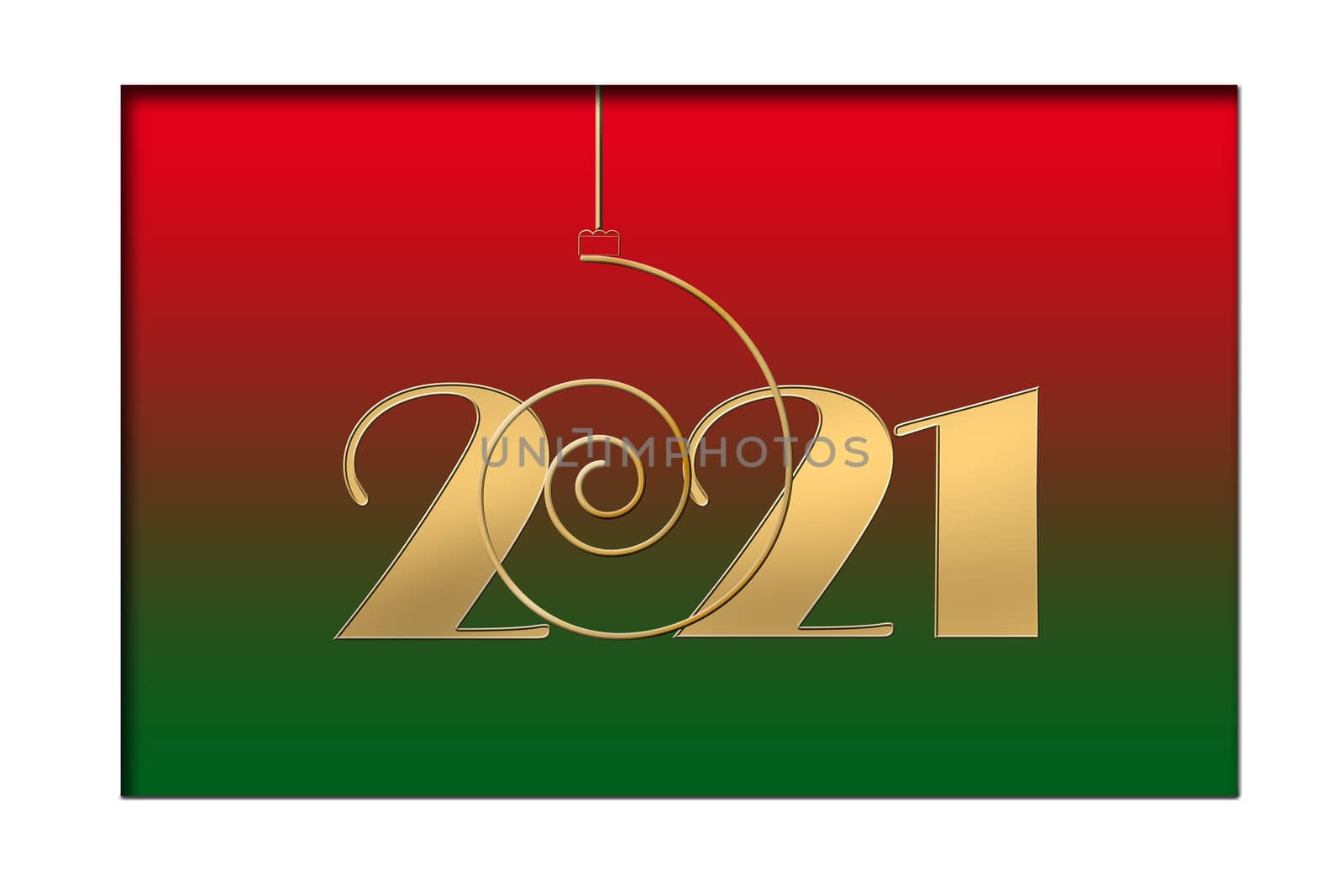 Happy 2021 new year card. Hanging gold number 2021 on red green background. Seasonal holidays flyers, greetings and invitations cards, christmas banners. New Year selebration. 3D illustration.