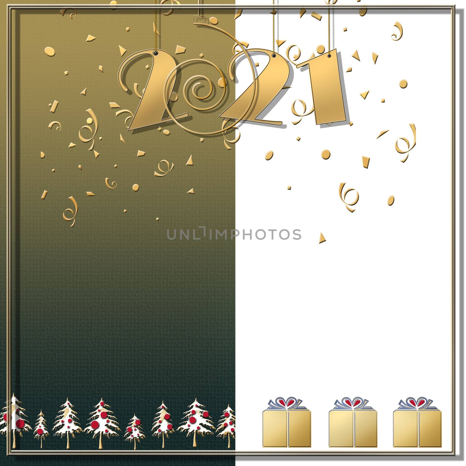 2021 happy New Year green white background with gold confetti and Christmas trees. Glowing hanging gold number 2021. Winter holiday greeting card. Copy space. Business card. 3D illustration