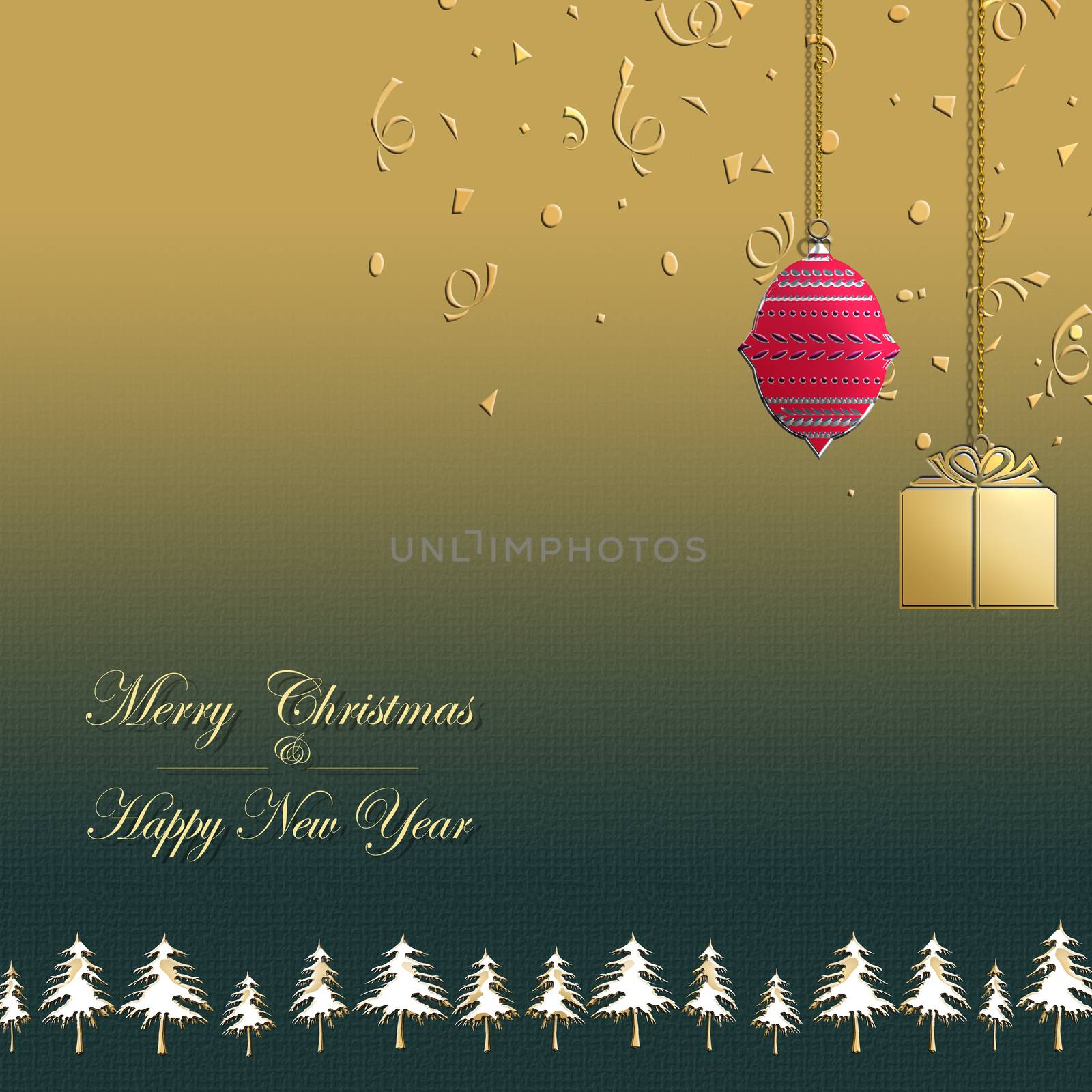 Luxury 2021 gold card with hanging present box, red ball on green background with christmas trees, text Merry Christmas Happy New Year. Banner, greeting cards, brochure. Copy space, 3D illustration