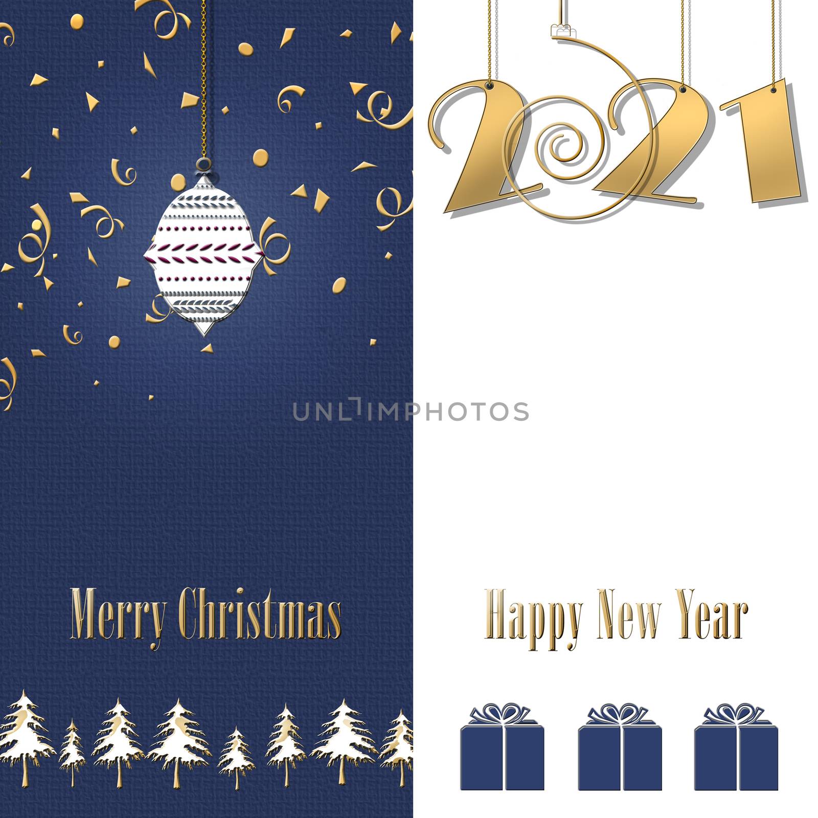 2021 happy New Year blue white background with gold confetti and Christmas trees. Glowing hanging gold number 2021. Winter holiday greeting card. Copy space. Business card. 3D illustration