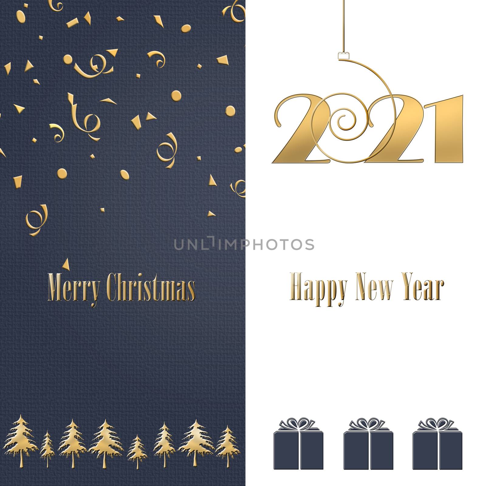 2021 happy New Year blue white background with gold confetti and Christmas trees. Glowing gold number 2021. Winter holiday greeting card. Copy space. Business card. 3D illustration