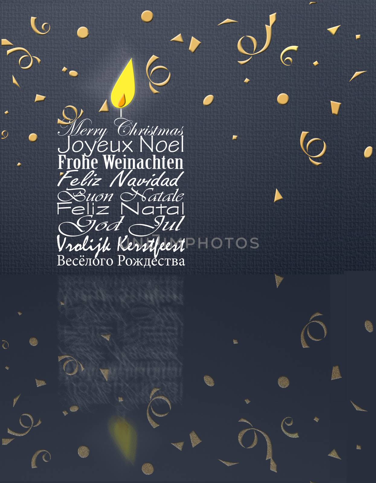 Merry Christmas business card. Christmas wishes in European languages English, French, German, Portuguese, Italian, Spanish, Swedish, Dutch, Russian on blue background with reflection. 3D illustration