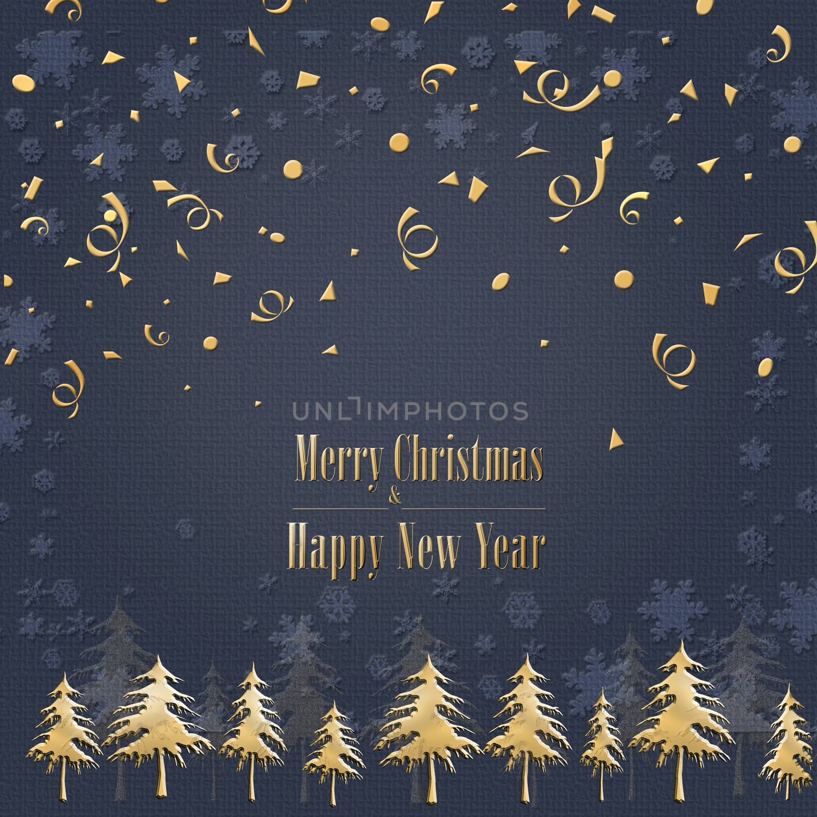 Elegant stylish Christmas card on blue background with tree, gold text Merry Christmas and Happy New Year. Minimalist template design for greeting cards, banner, marketing, copy space. 3D illustration