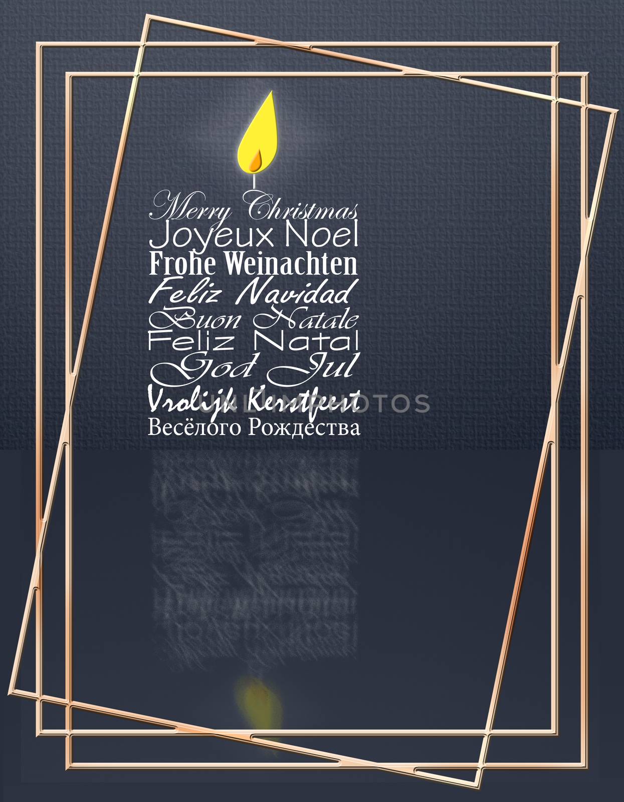 Luxury Merry Christmas wishes in multiple languages English, French, German, Portuguese, Italian, Spanish, Swedish, Dutch, Russian shape of candle on black background with gold frames. 3D illustration