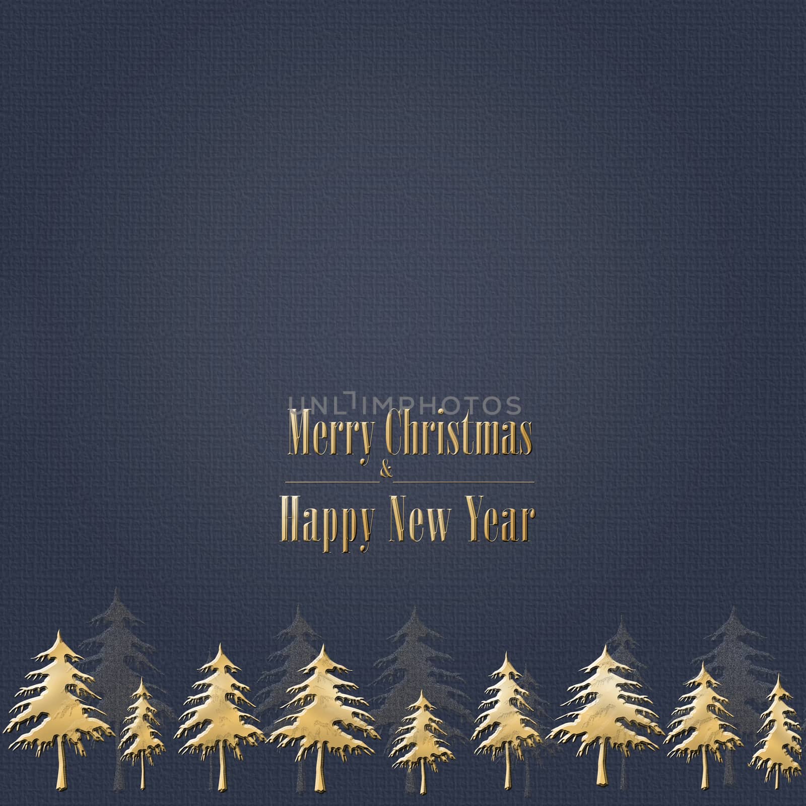 Elegant stylish Christmas card on blue background with tree, gold text Merry Christmas and Happy New Year. Minimalist template design for greeting cards, banner, marketing, copy space. 3D illustration