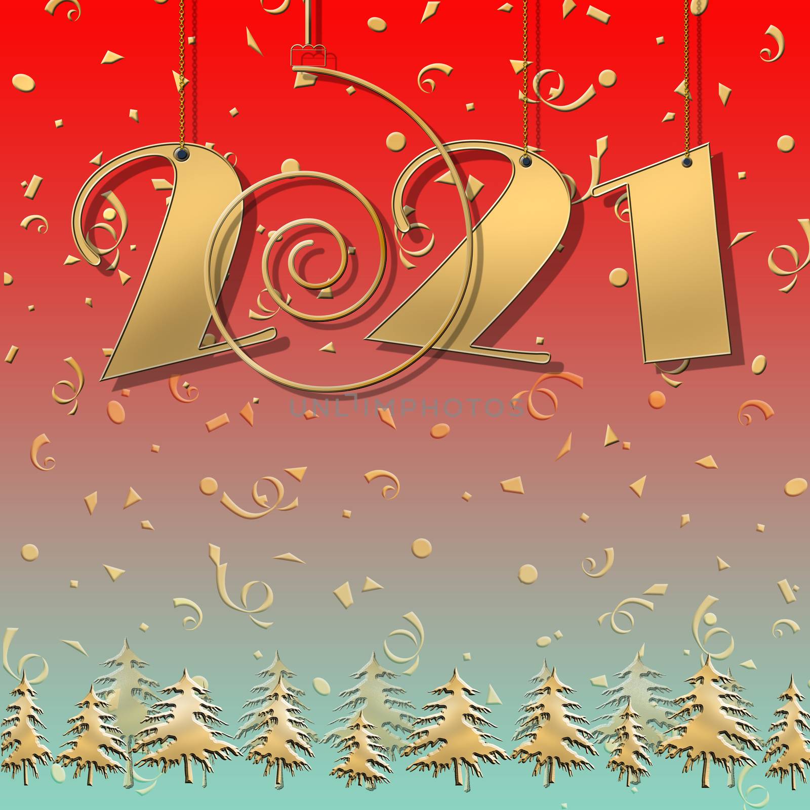 Luxury Happy new year 2021 gold card with hanging 2021 digits with confetti on red background with gold christmas trees. Banner, greeting cards, brochure, print. Copy space, mock up. 3D illustration