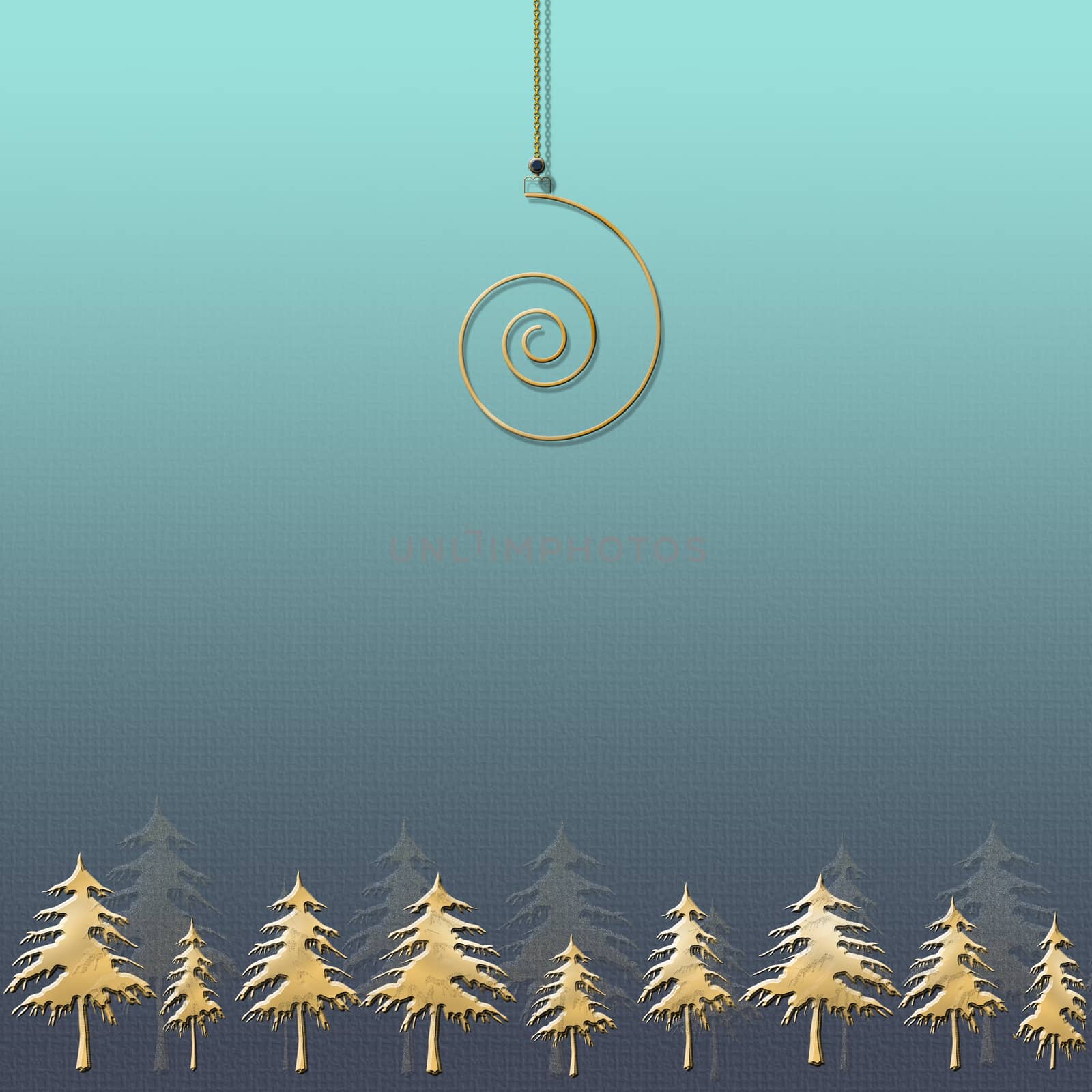 Luxury Happy new year gold card. Design for banner, greeting cards, brochure or print. Turquoise background with gold Christnmas trees and spring. Copy space, mock up, banner. 3D illustration