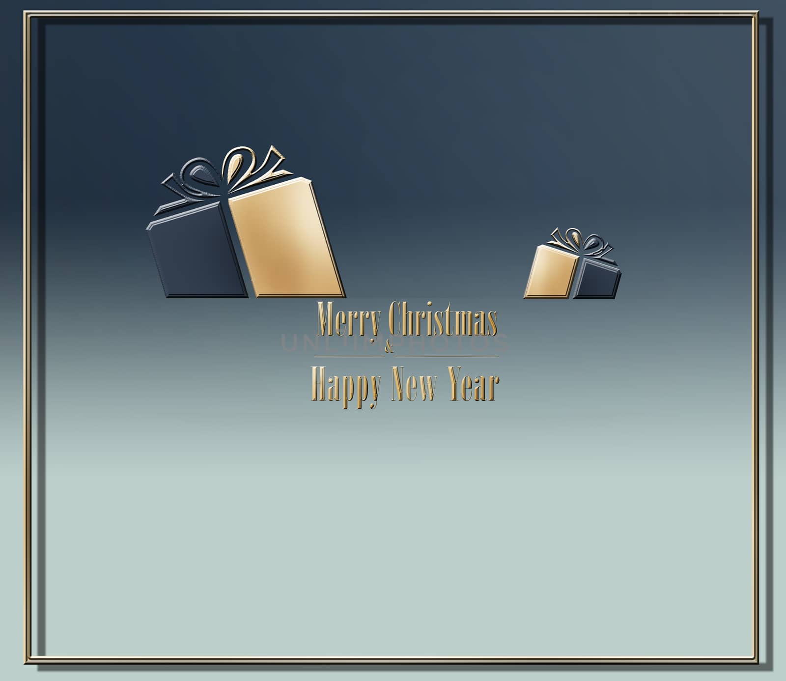 Elegant luxury contemporary Merry Christmas Happy New Year card with blue black gift boxes and text Merry Christmas and Happy New Year on pastel blue background. 3D illustration