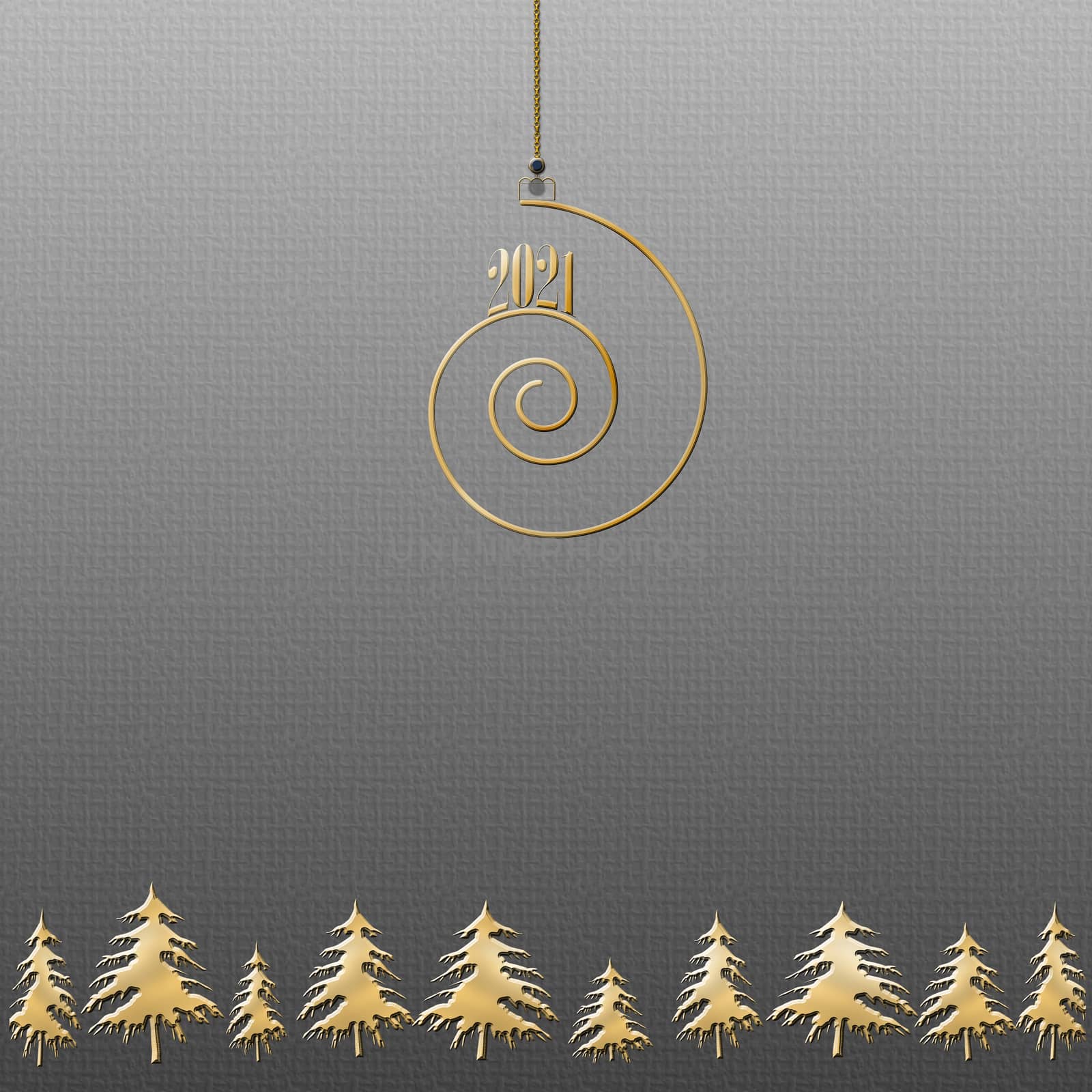 Luxury Happy new year 2021 gold card. Design for banner, greeting cards, brochure or print. Black background with gold Christmas trees and spiral with 2021. Copy space, mock up, banner. 3D illustration