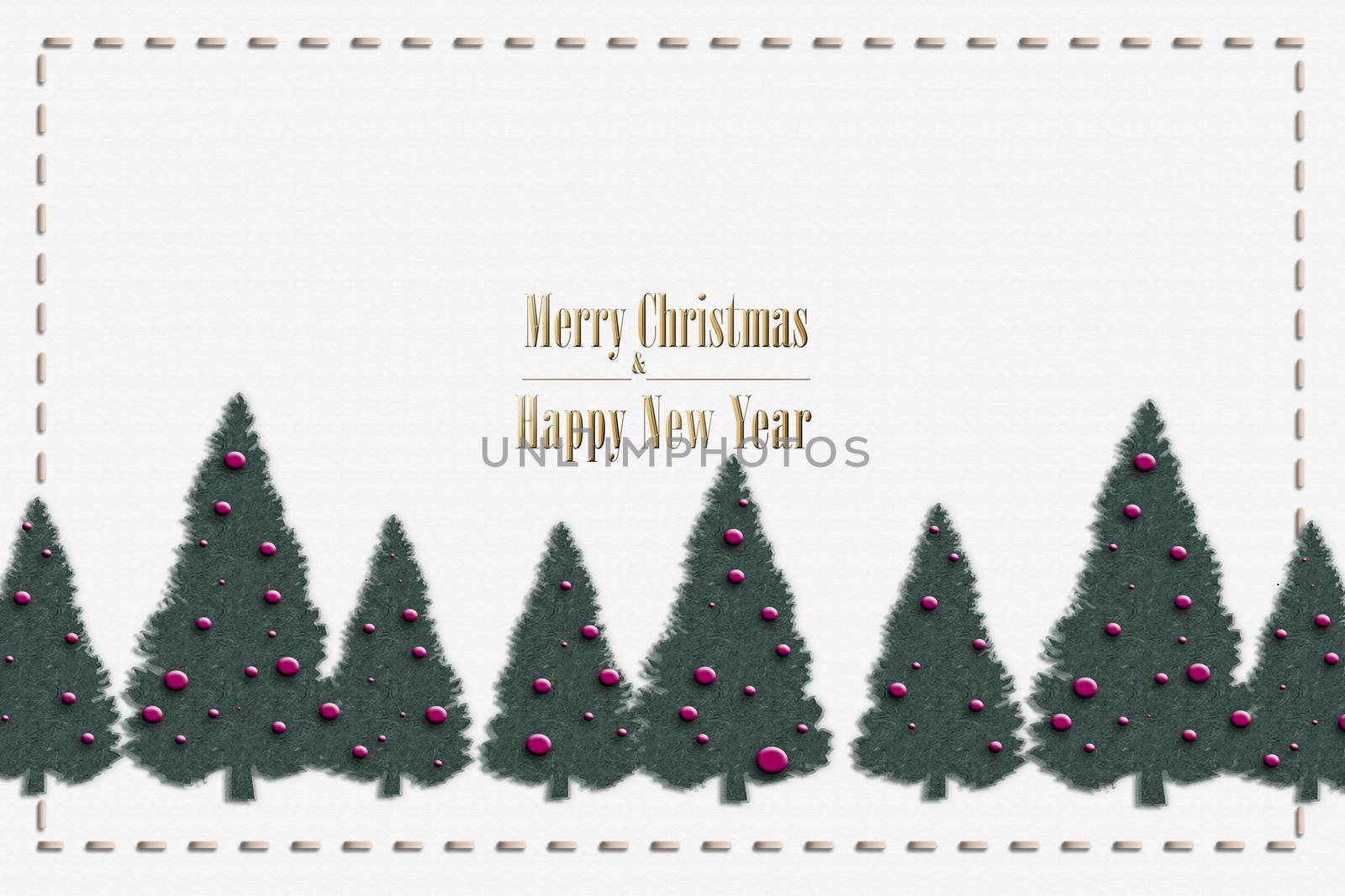 Elegant stylish Christmas card on white background with tree, gold text Merry Christmas and Happy New Year. Minimalist template design for greeting cards, banner, marketing. 3D illustration