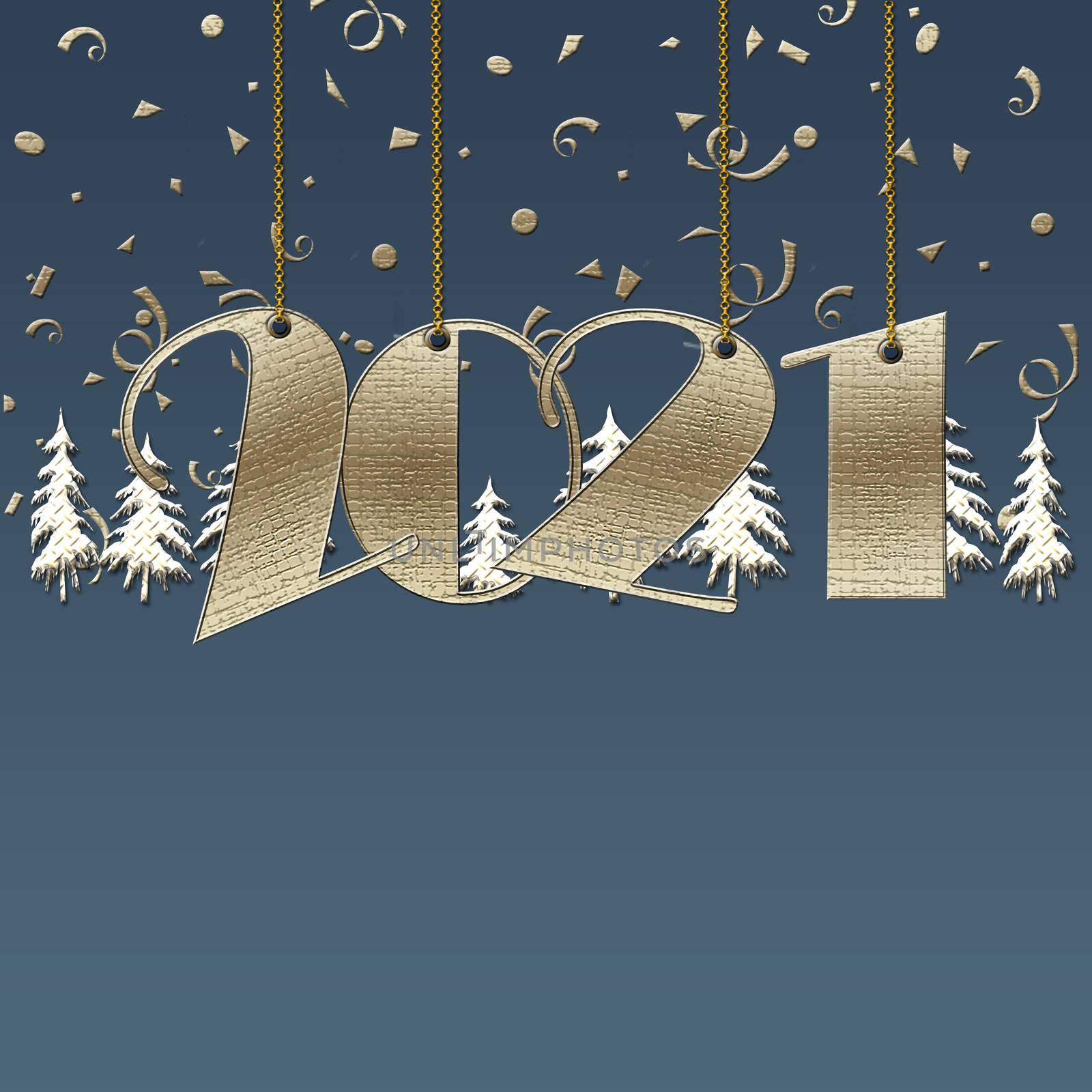 Luxury Happy New 2021 Year design with hanging 2021 digits, christmas trees on blue background. Winter holidays graphic, place for text, business card, calendar. Copy space. 3D illustration