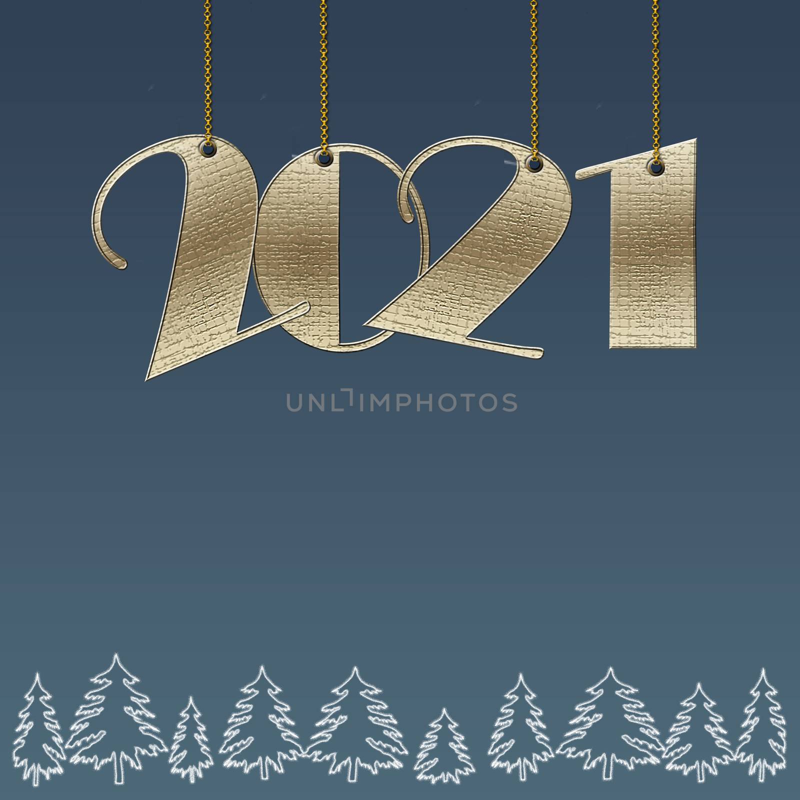 Luxury Happy New 2021 Year design with hanging gold shiny 2021 digits, white christmas trees on blue background. Business card, copy space, web design, banner. 3D illustration
