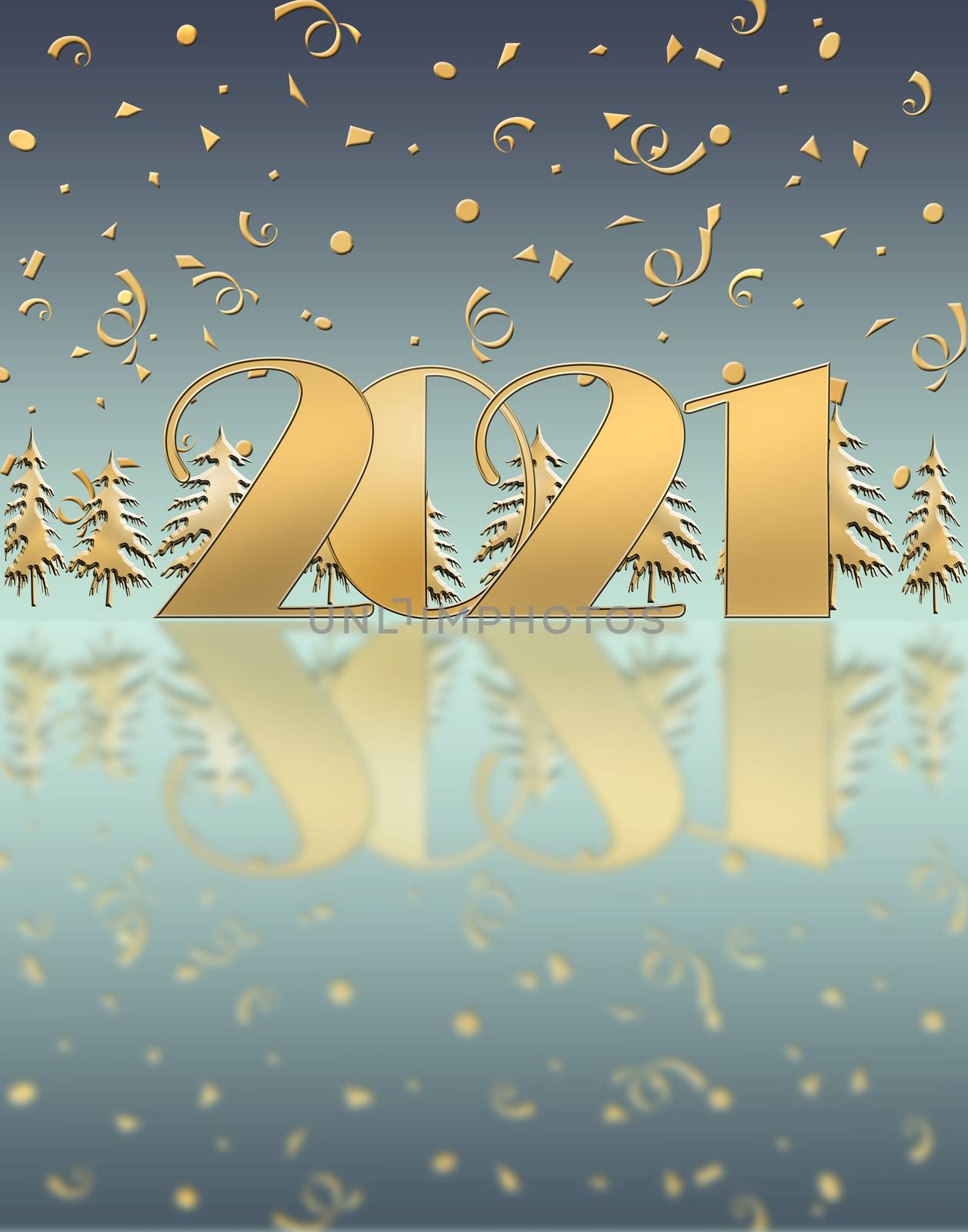 Luxury elegant 2021 greeting card. Gold shiny glitter 2021 with confetti, Christmas trees on dark blue background with reflection. Mock up, copy space, poster, corporate business card. 3D illustration