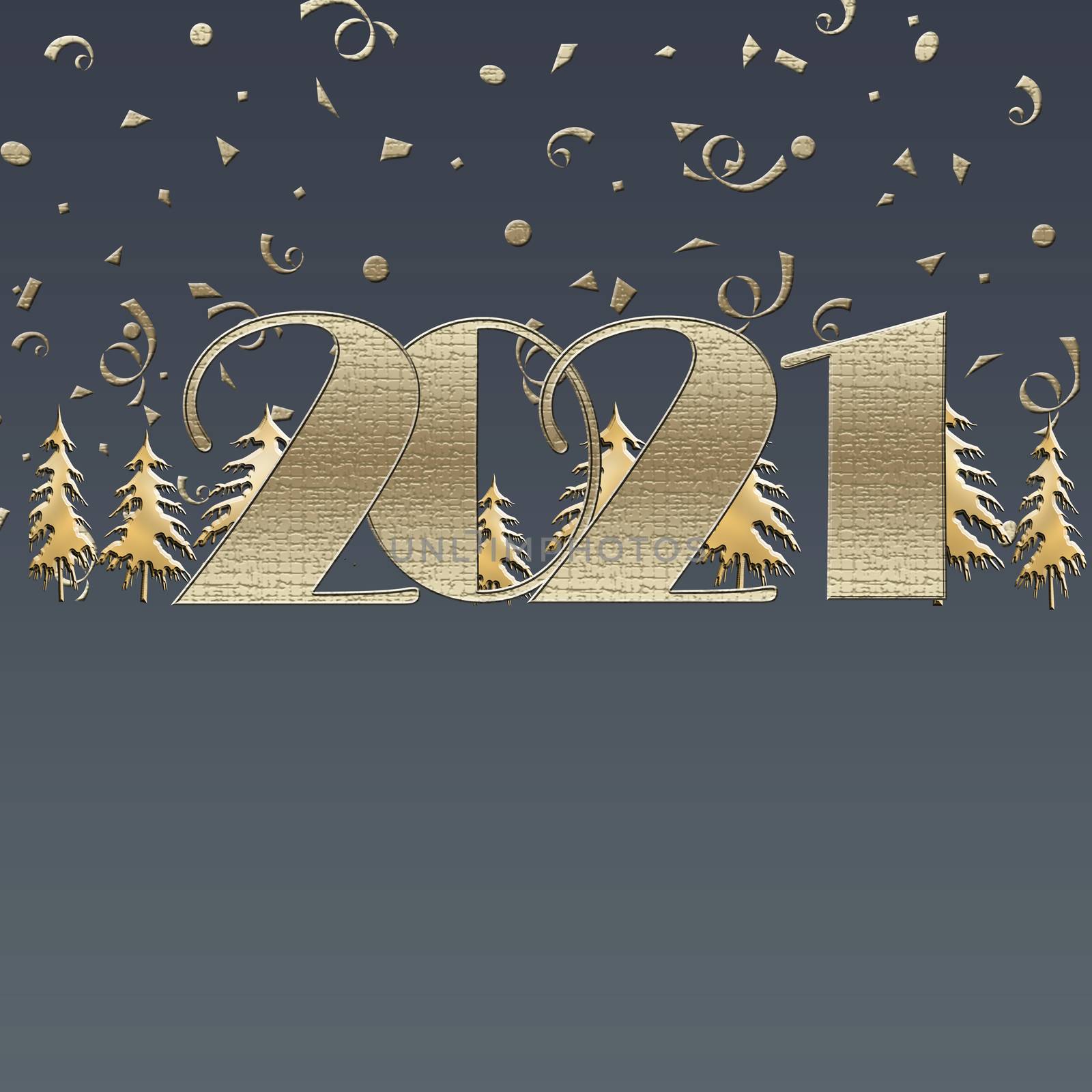 Happy new 2021 year elegant luxury gold greeting card with gold Christmas trees and text 2021 on blue background. Copy space, mock up. Place for text. 3D illustration