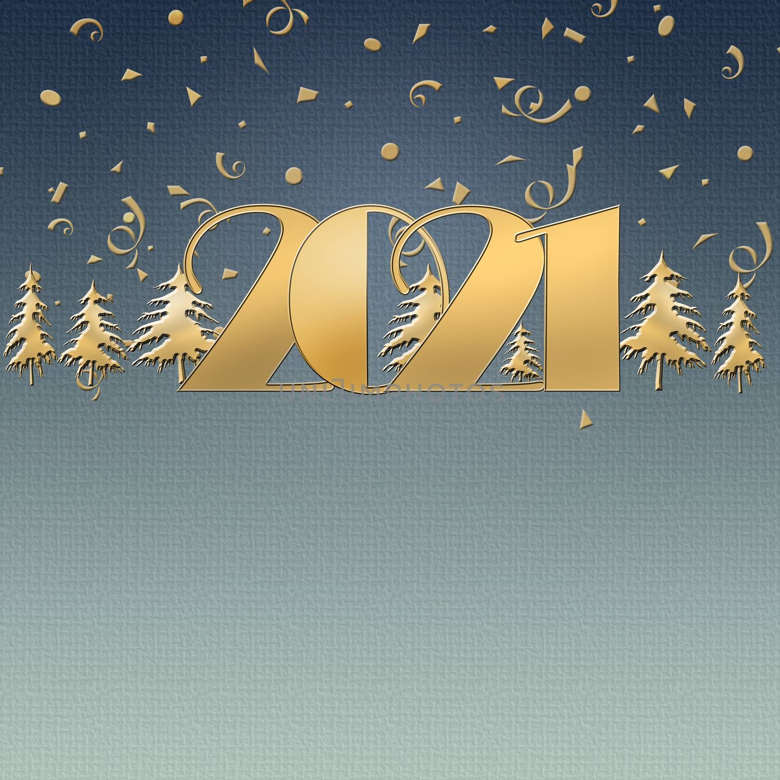 2021 happy New Year blue pastel background with gold confetti and Christmas trees. Glowing gold number 2021. Winter holiday greeting card. Copy space. Business card. 3D illustration