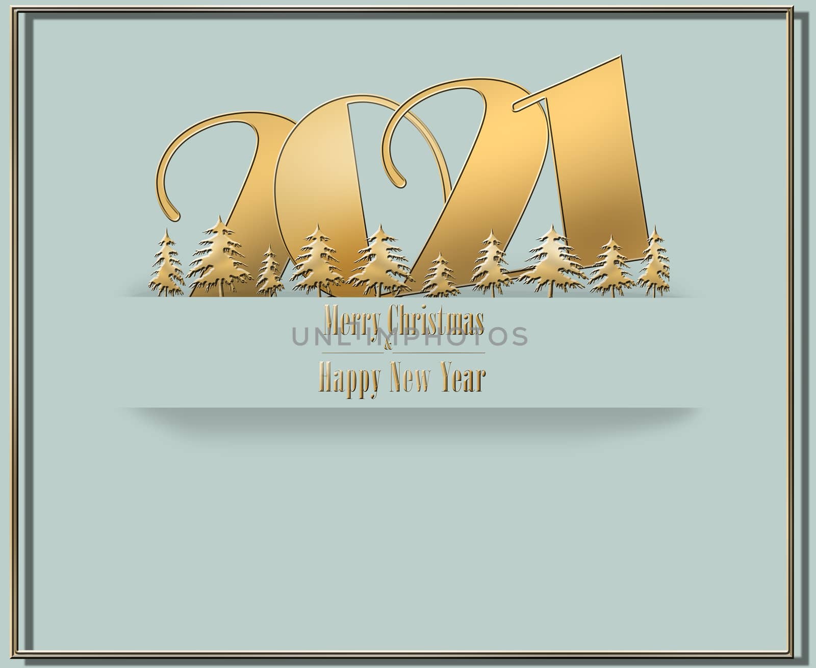 Elegant luxury 2021 Merry Christmas Happy New Year card in pastel green colour with golden green gift boxes, and shiny text 2021 on golden spiral. 3D Illustration