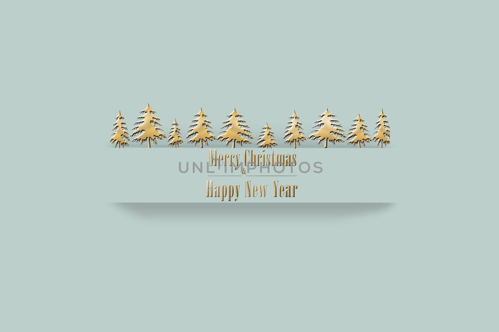 Elegant luxury 2021 Merry Christmas Happy New Year card in pastel green colour with gold Chrisytmas tress, and shiny text Merry Christmas and Happy New Year. 3D Illustration