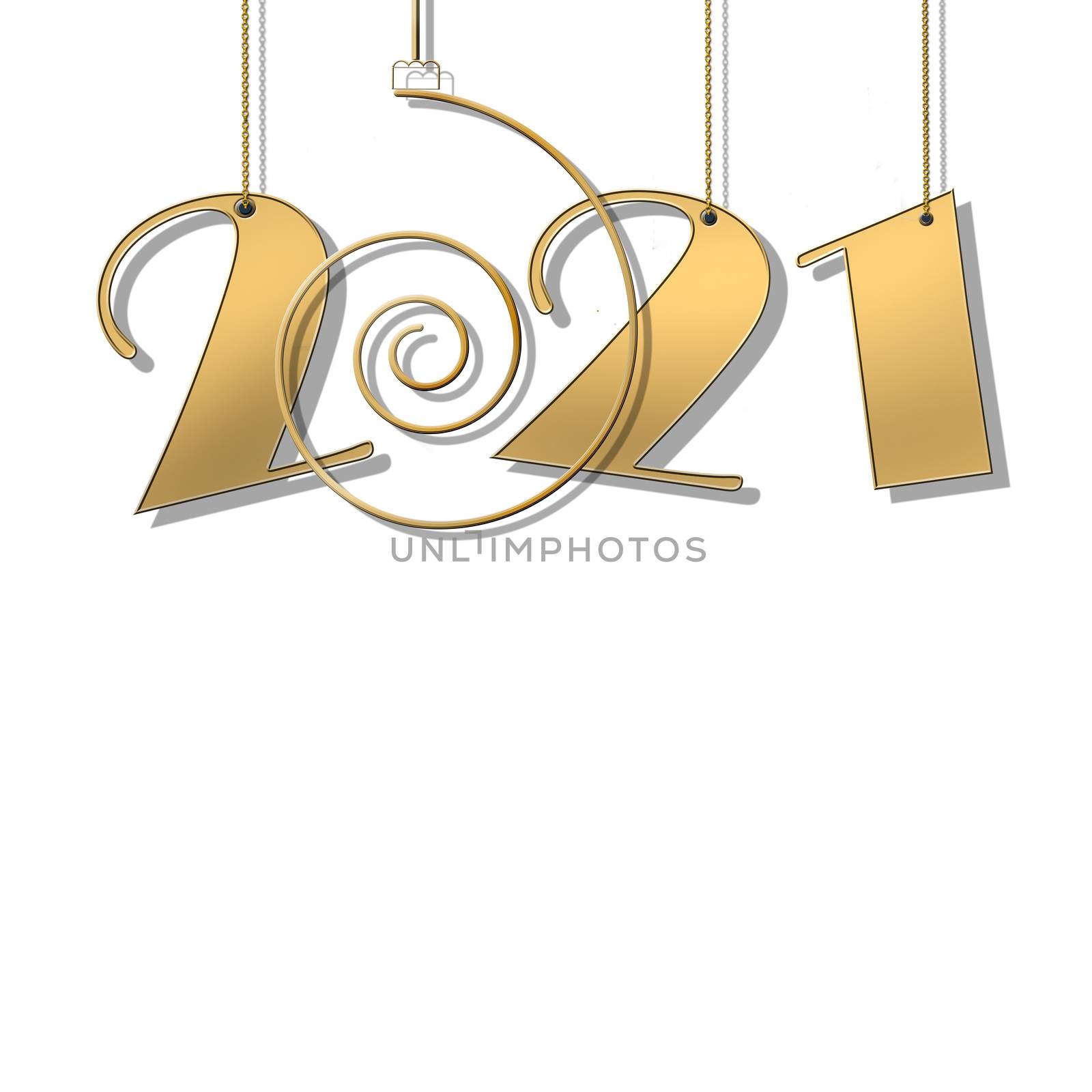 Luxury Happy New 2021 Year design with hanging 2021 digits, gold spiral on white background. Winter holidays graphic, web design, business card. Copy space. 3D illustration