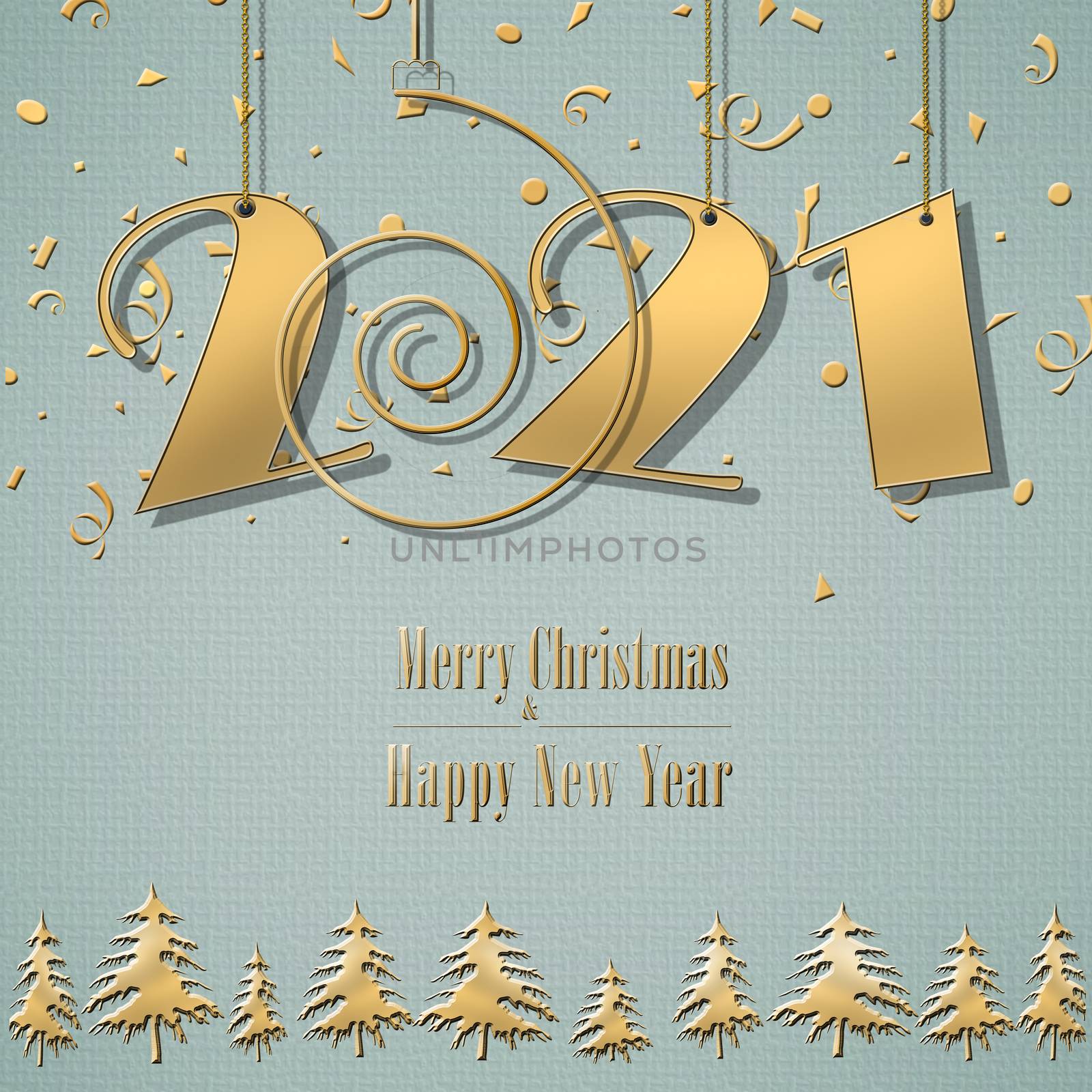 Luxury Happy New 2021 Year design with hanging 2021 digits, gold spiral, christmas trees on green pastel background. Winter holidays graphic, web design, business card. Copy space. 3D illustration