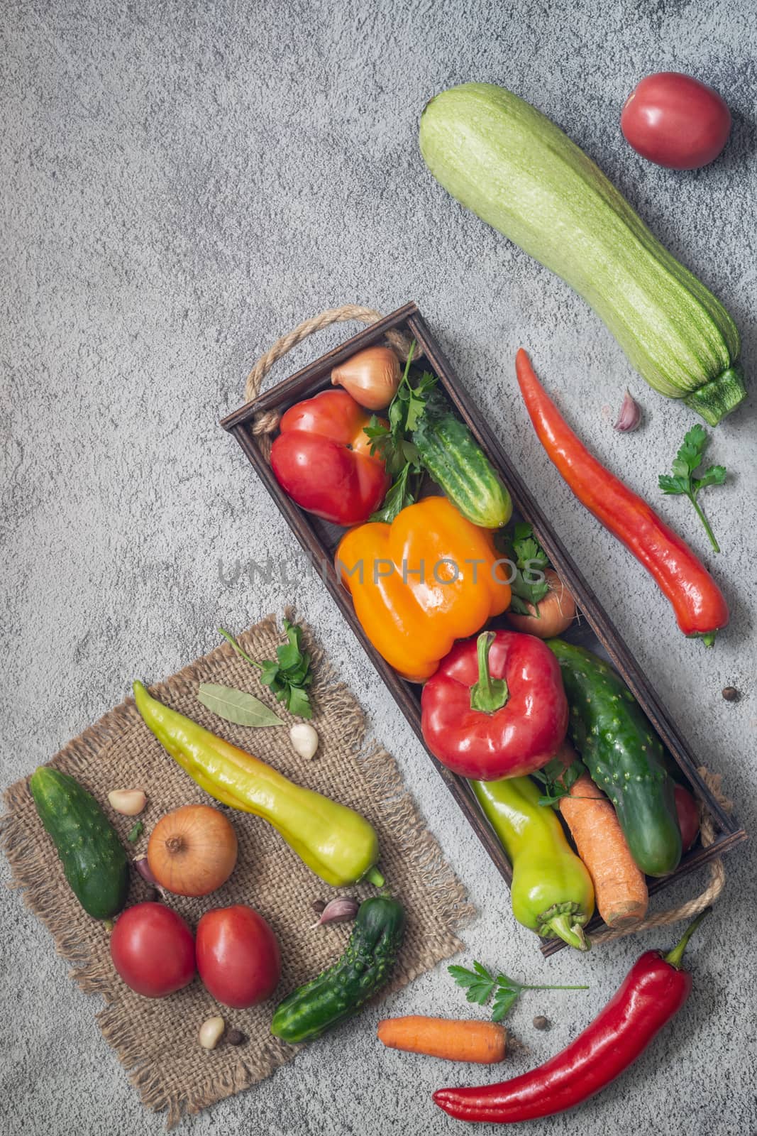 Variety of ripe vegetables on a light background by georgina198