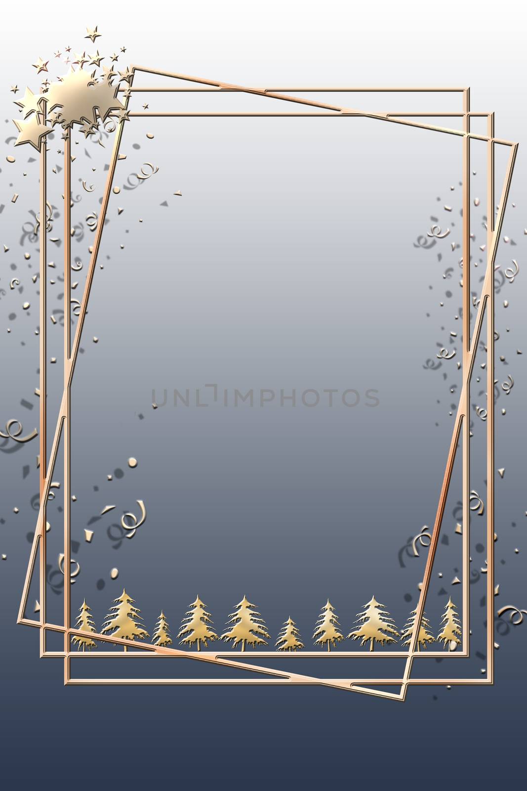 Elegant Christmas background with gold Christmas tree and confetti on pastwel blue background with gold frames. Copy space, 3D illustartion