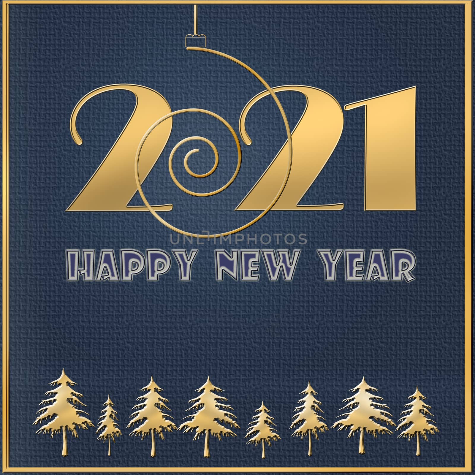 Luxury Happy new year 2021 gold text template. Design for banner, greeting cards, brochure, print. Blue background with gold christmas trees. Copy space, mock up, banner. 3D illustration