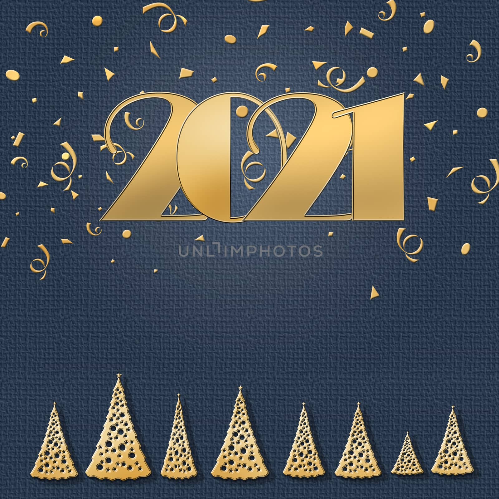Happy new 2021 year elegant luxury gold greeting card with gold Christmas trees and text 2021 on blue background. Minimalistic text template. Copy space, mock up. 3D illustration