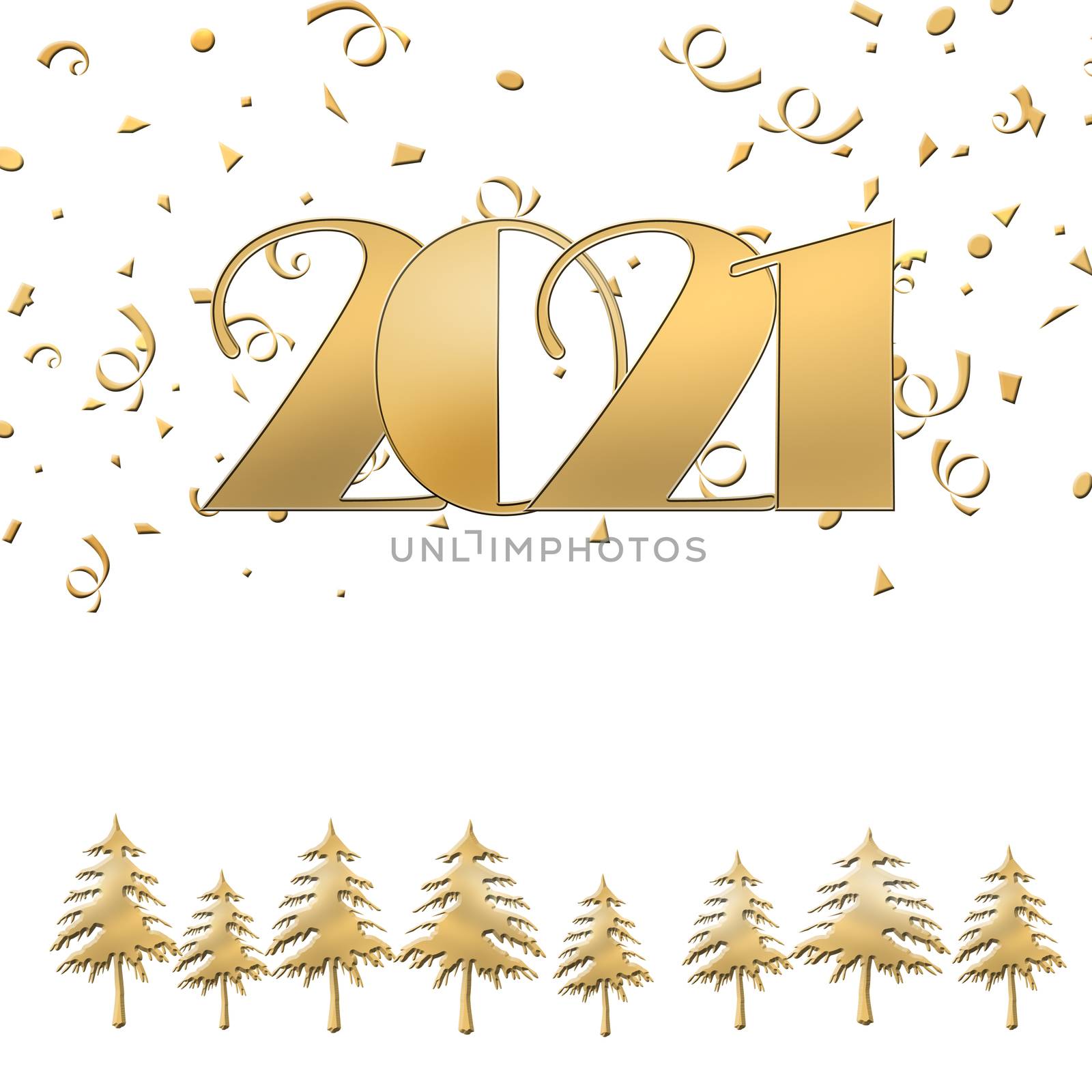 2021 Happy new year Merry Christmas gold text on white background with gold christmas trees and confetti. Elegant gold 2021 with light. Minimalistic text template. Copy space, mock up. 3D illustration