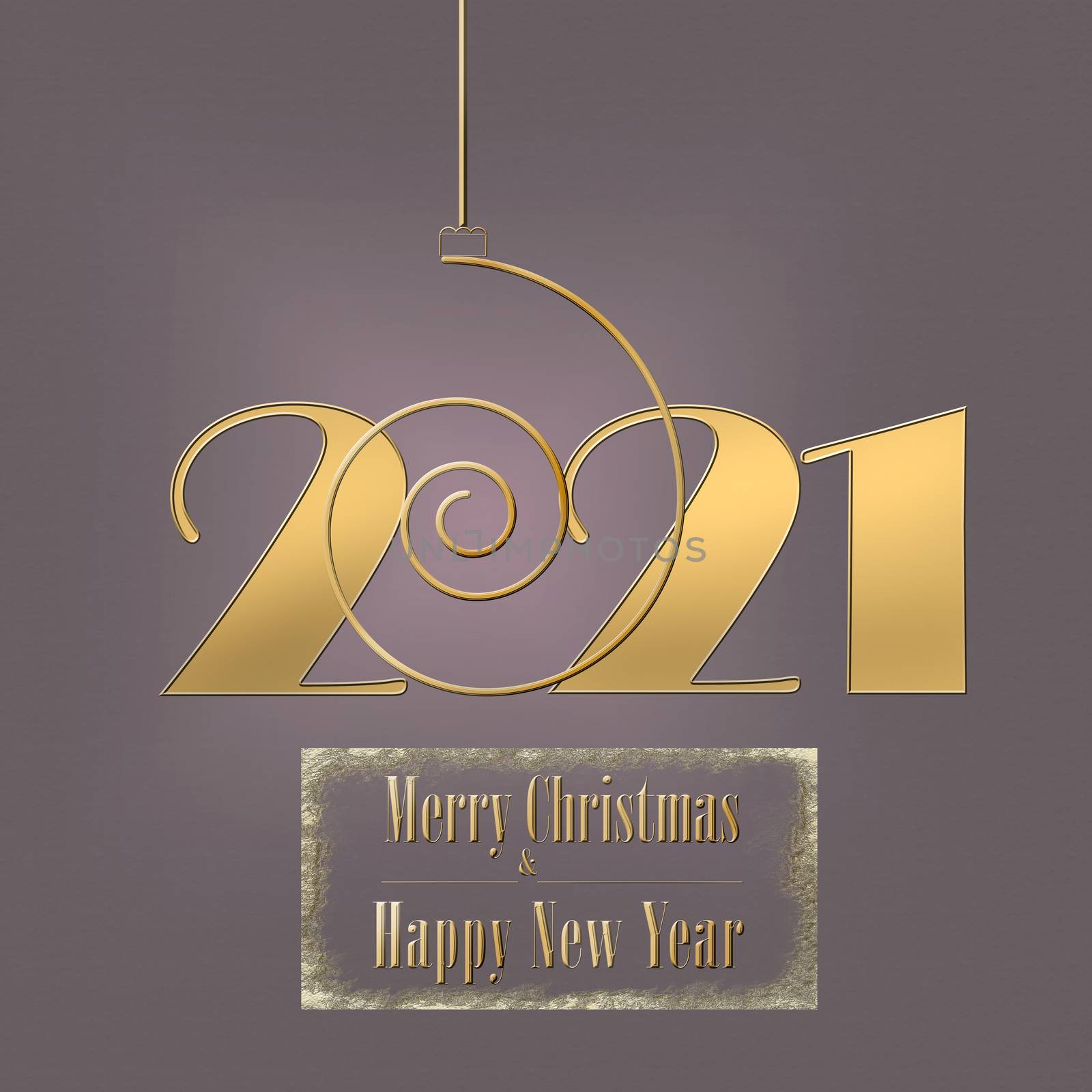 Classy gold text 2021 Happy New Year Merry Christmas. Golden design for Christmas and New Year 2021 greeting cards on pastel background. Copy space, mock up. 3D illustration