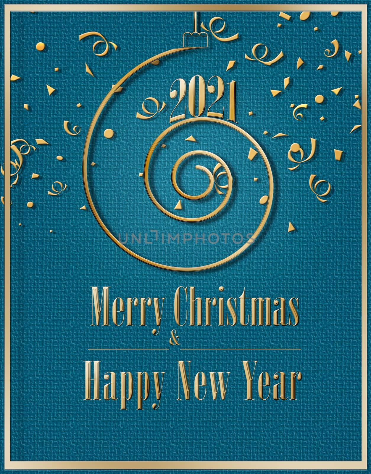 Luxury Happy new year 2021 gold text template. Design for banner, greeting cards, brochure or print. Turquoise background with gold confetti. Copy space, mock up, banner. 3D illustration