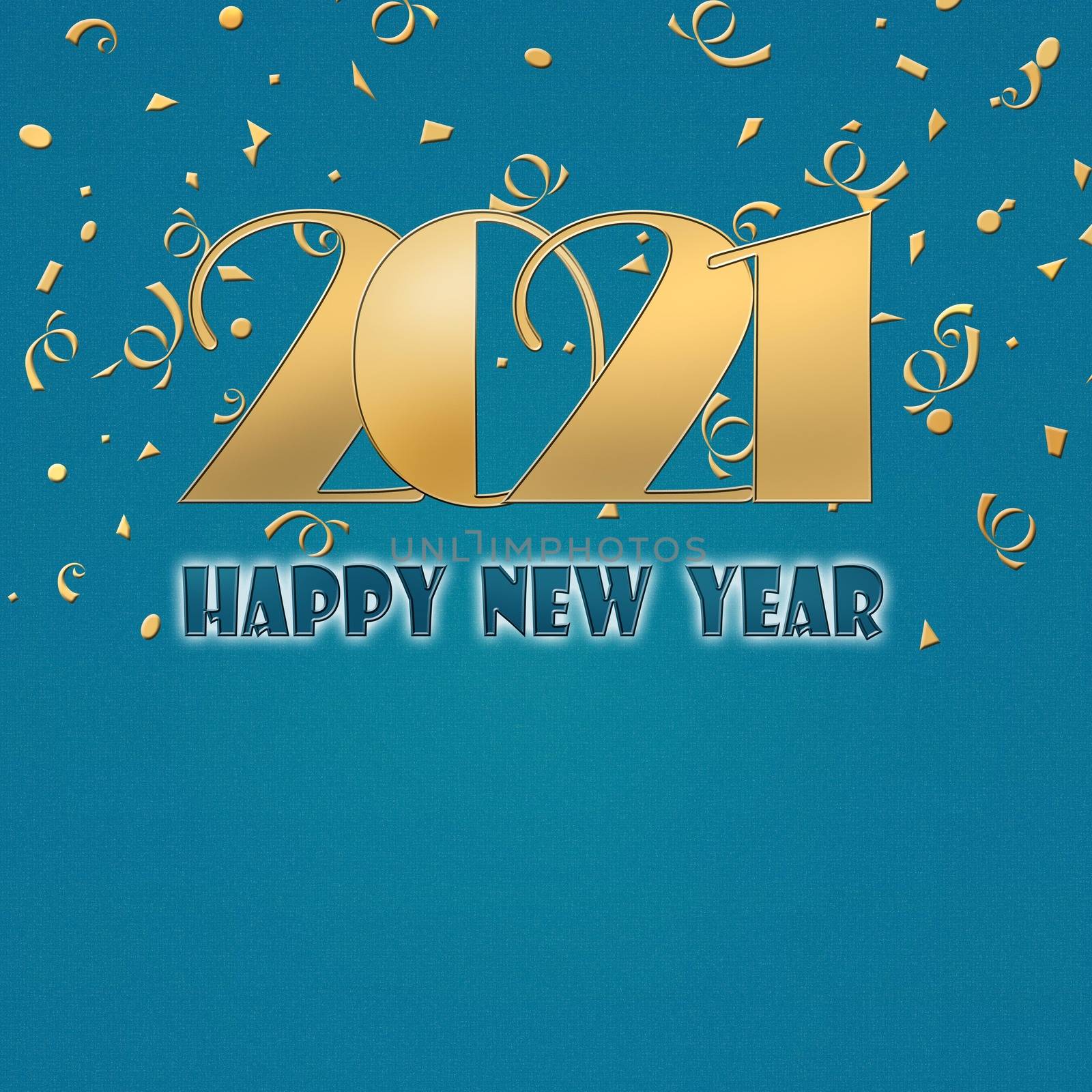 Luxury Happy new year 2021 gold text template. Design for banner, greeting cards, brochure, print. Turquoise background with gold confetti. Copy space, mock up, banner. 3D illustration