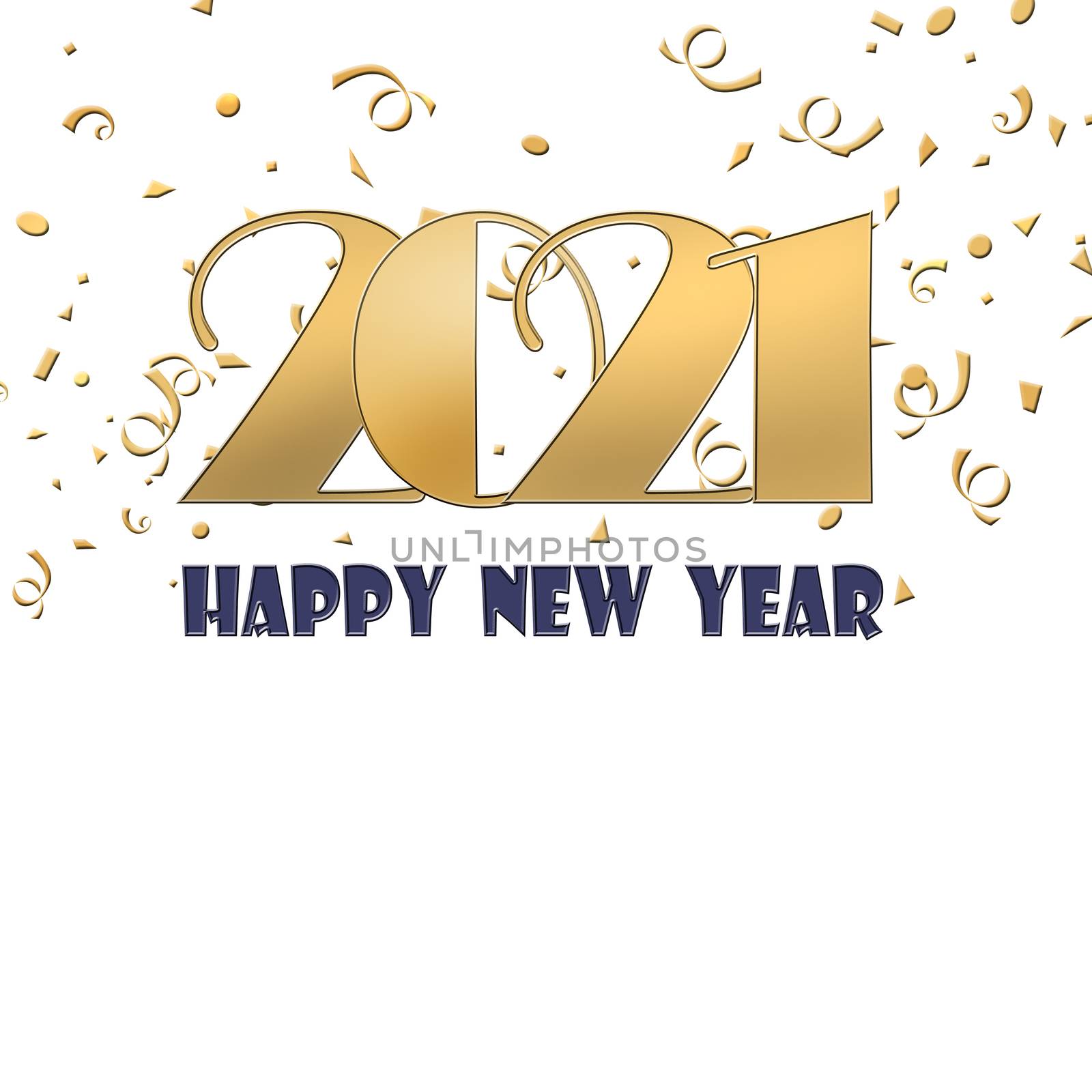 Luxury Happy new year 2021 gold text template. Design for banner, greeting cards, brochure or print. White background with confetti. Copy space, mock up, banner. 3D illustration