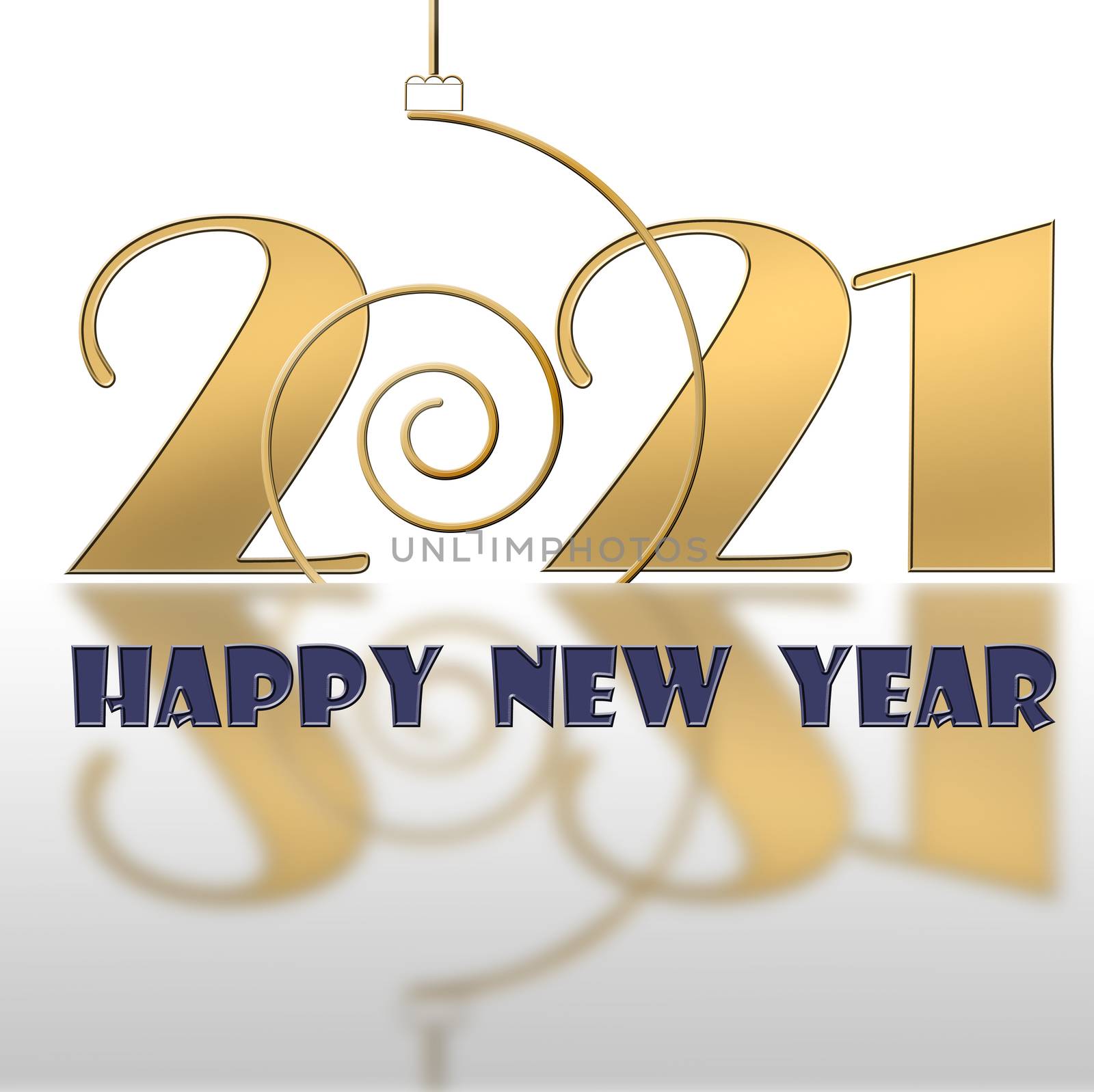 Classy gold text 2021 Happy New Year. Golden design for Christmas and New Year 2021 greeting cards on white background with reflection. Copy space, mock up. 3D illustration