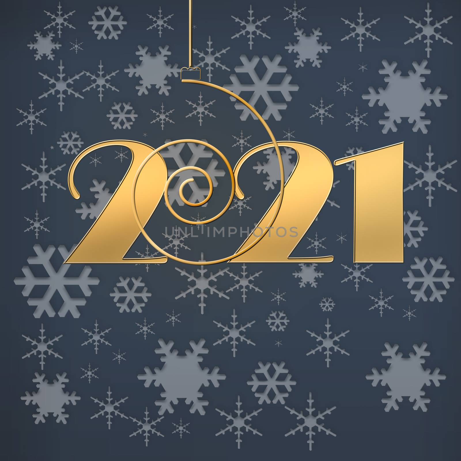 2021 happy new year background with golden spiral ball and snowflakes. Gold number 2021, business design template, mock up, banner, copy space. Greeting corporate card design. 3D illustration
