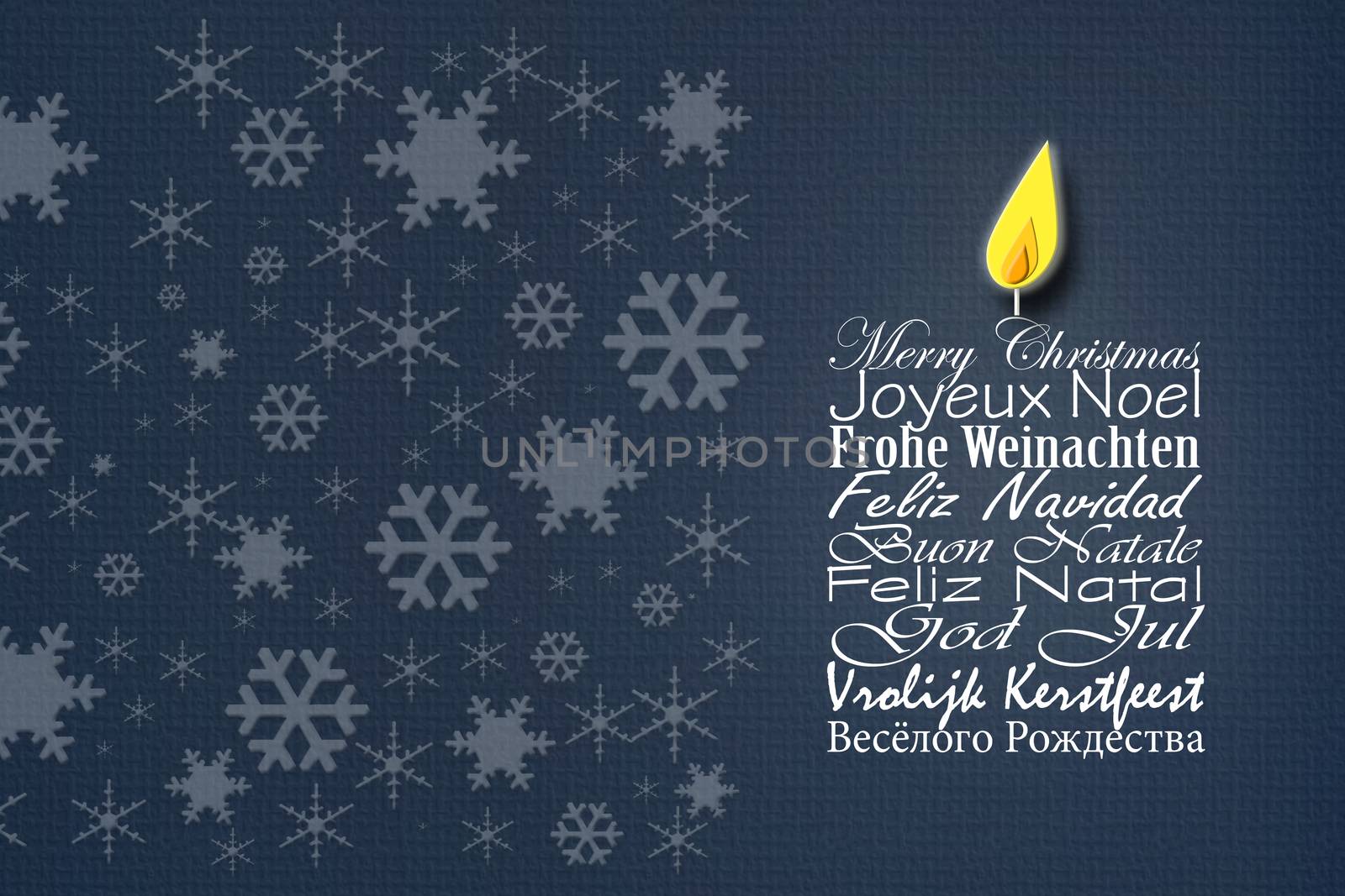 Merry Christmas business card. Christmas wishes in European languages English, French, German, Portuguese, Italian, Spanish, Swedish, Dutch, Russian on blue background with snowflakes. 3D illustration