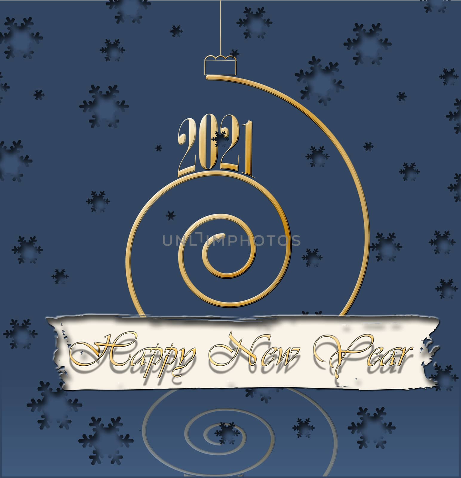 Luxury elegant minimalist 2021 Christmas greeting card. Golden shiny glitter 2021 spiral on dark blue background, gold text Happy New Year. Mock up, banner, invitation. 3D illustration.