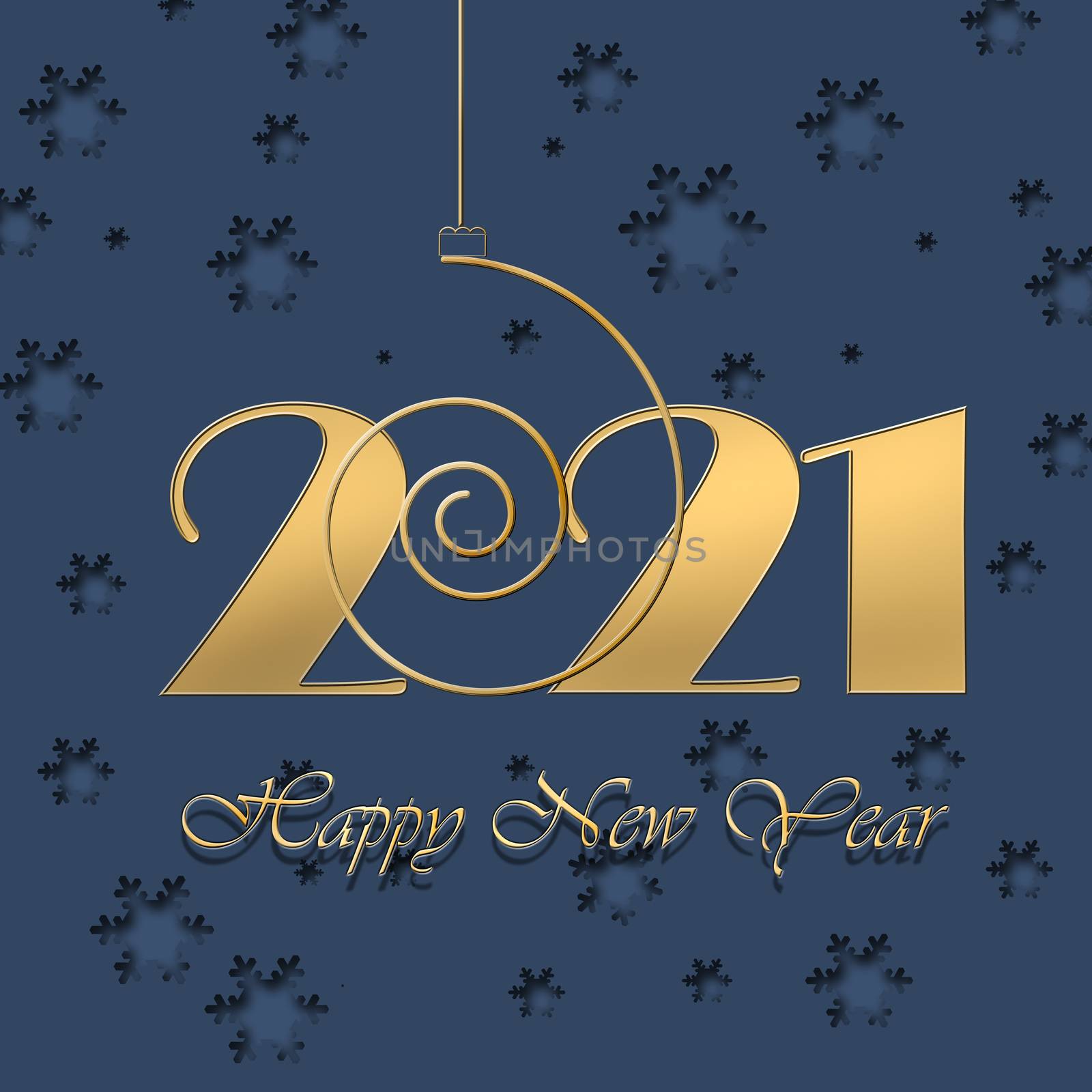 Luxury 2021 Happy New Year elegant design 3D illustration of golden 2021 logo numbers with snowflakes on blue background. Greeting card, banner