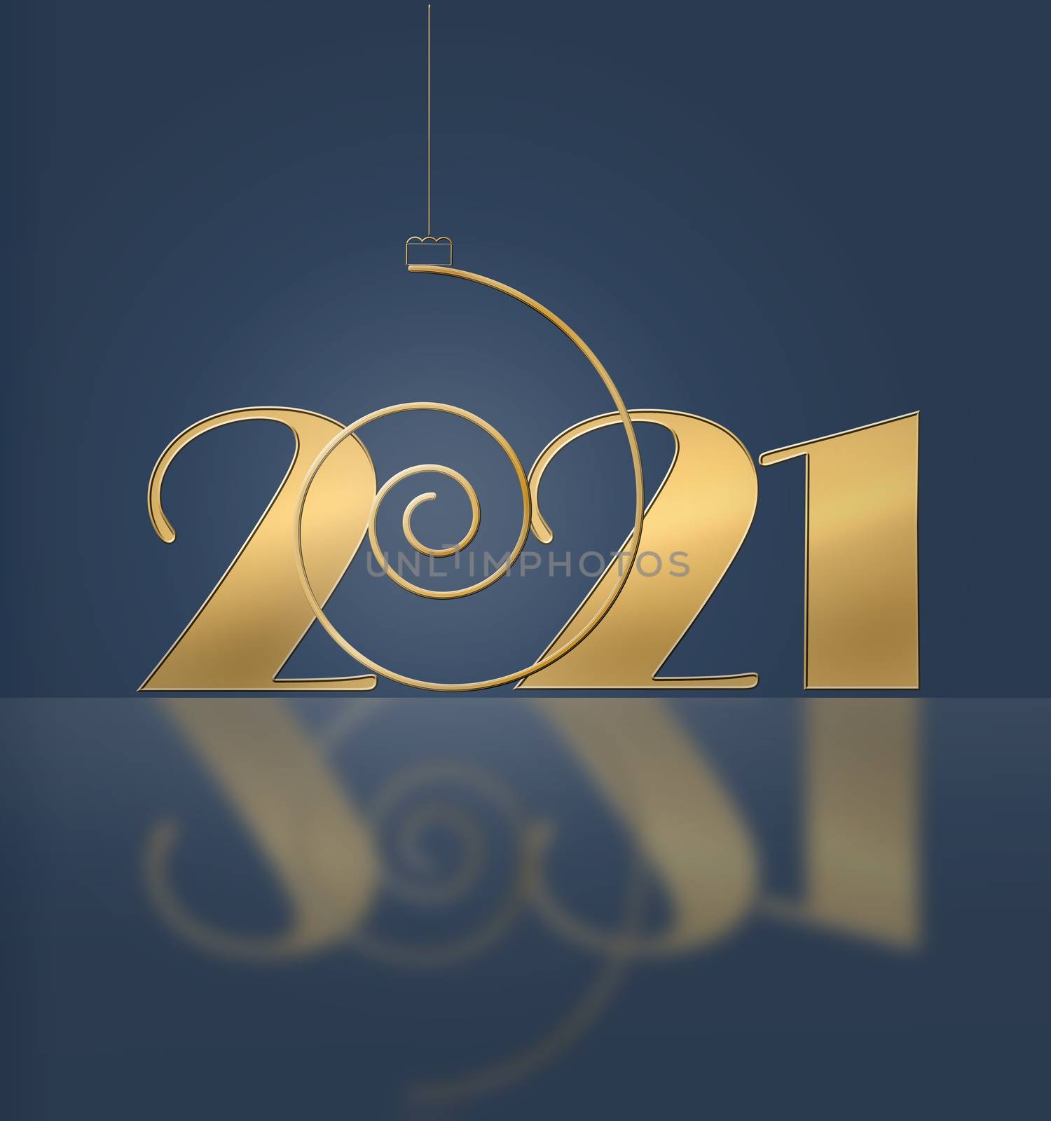 Luxury elegant 2021 Christmas greeting card. Golden shiny glitter 2021 spiral shape on dark blue background. Mock up, banner, invitation, board, web poster, corporate business card. 3D illustration