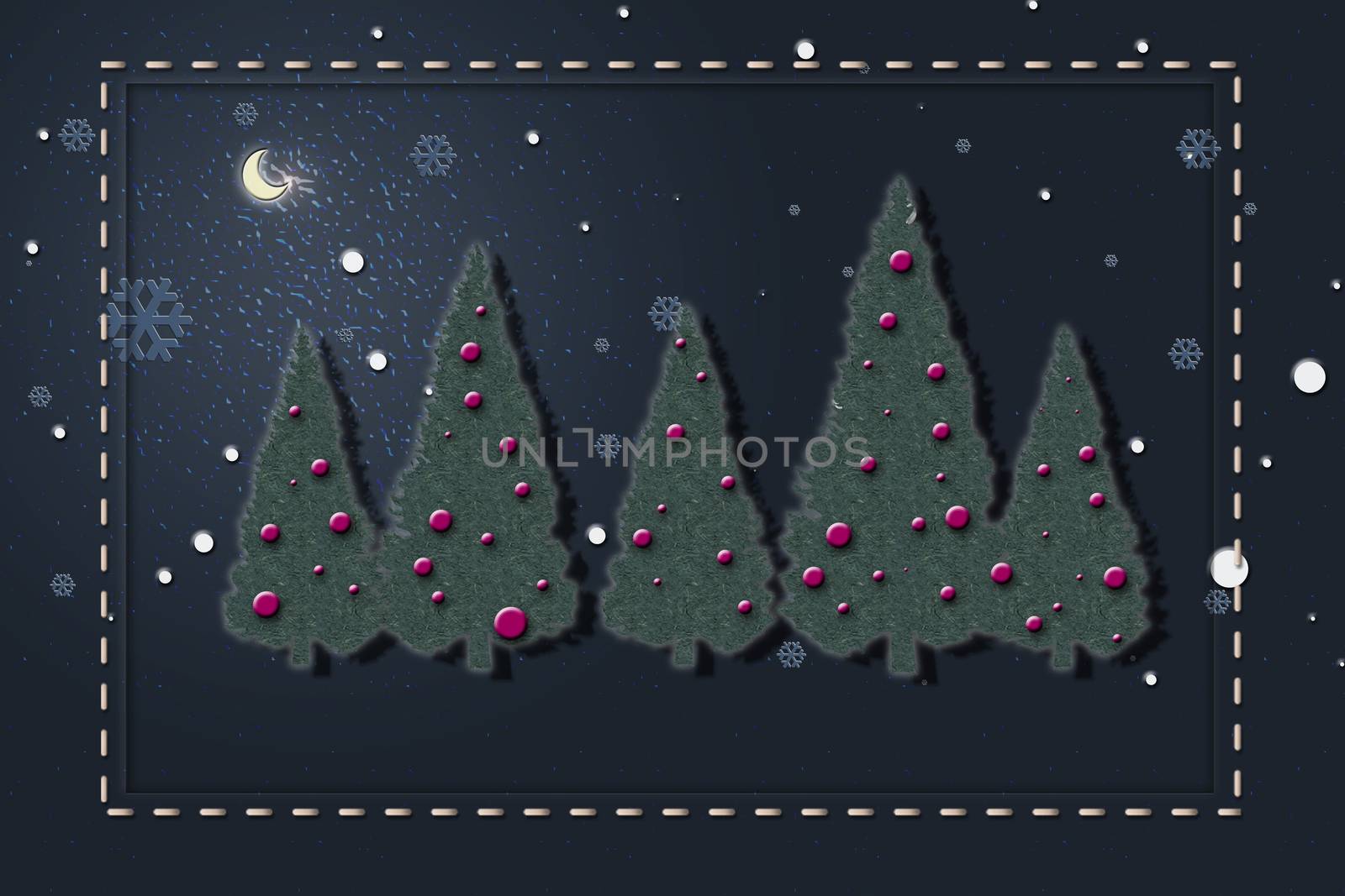 Merry Christmas and happy New Year design. Horizontal card with Christmas trees in green blue, colors. 3D illustration