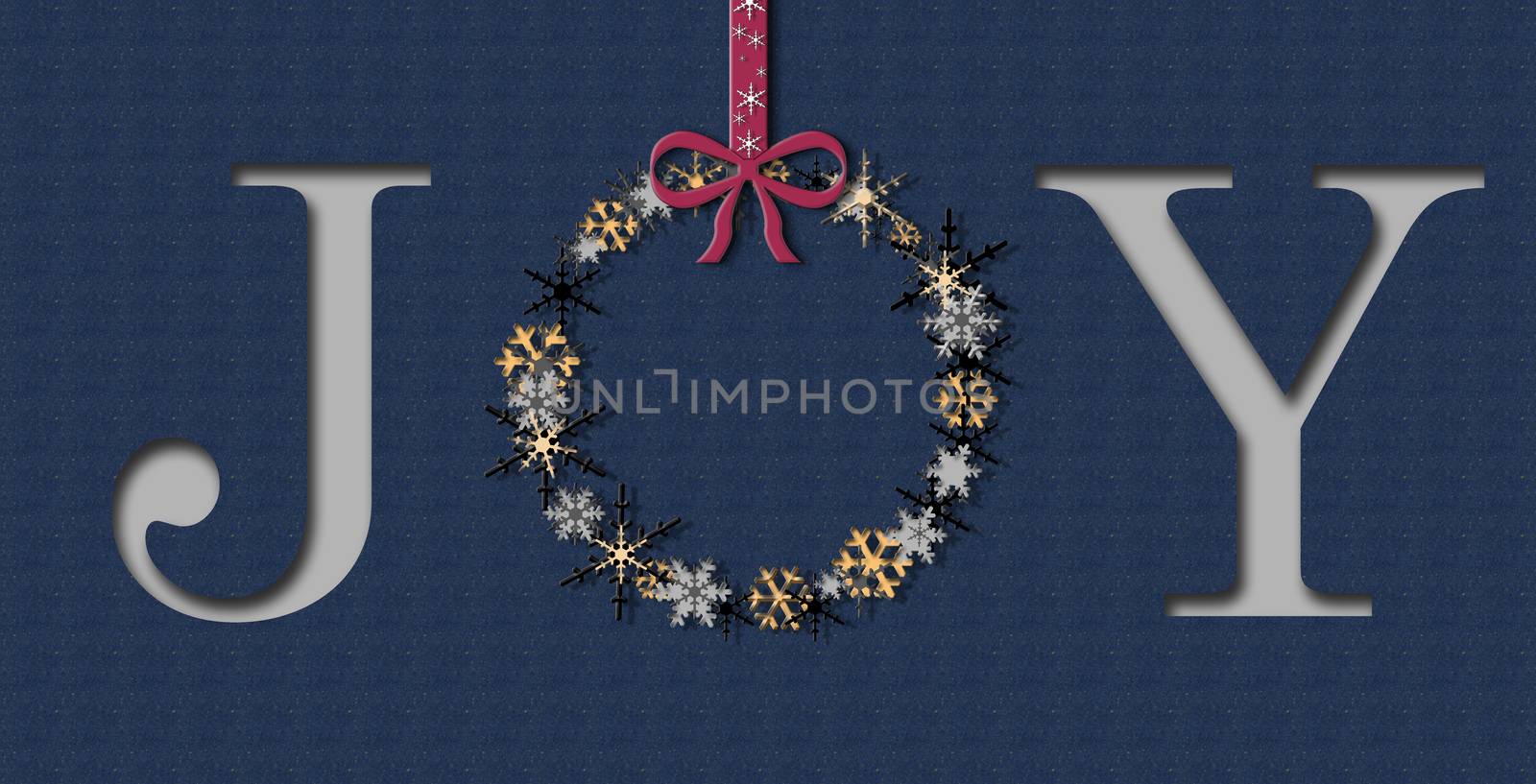 Christmas background with greeting wreath made of snowflakes, word JOY on dark blue background. 3D illustration.