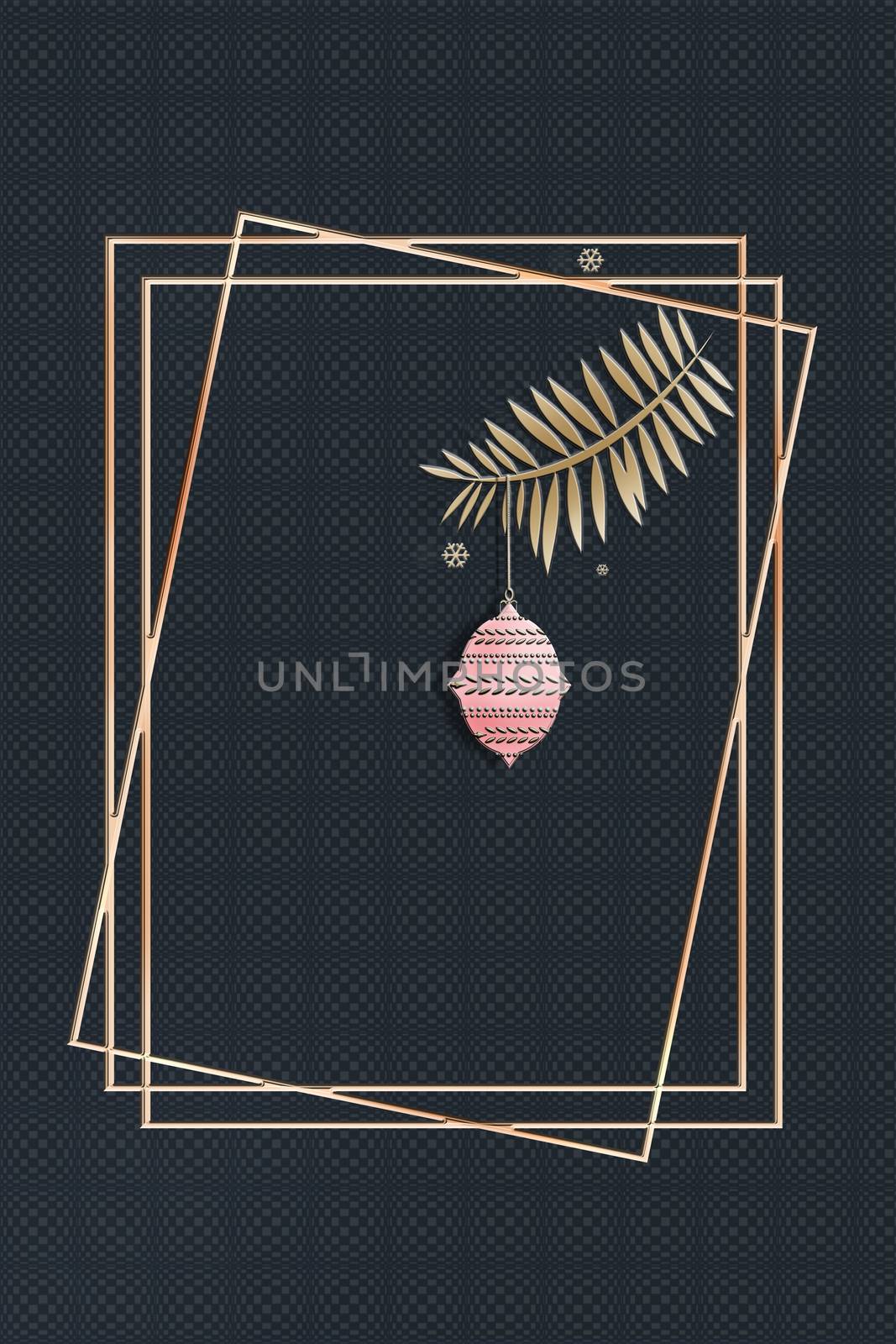Peaceful trendy New year Christmas greeting card. Calm night on black background with gold frames, fire brunch with pink ball. Festive Winter Pattern, Wallpaper, Fabric. copy space, 3D illustratiion