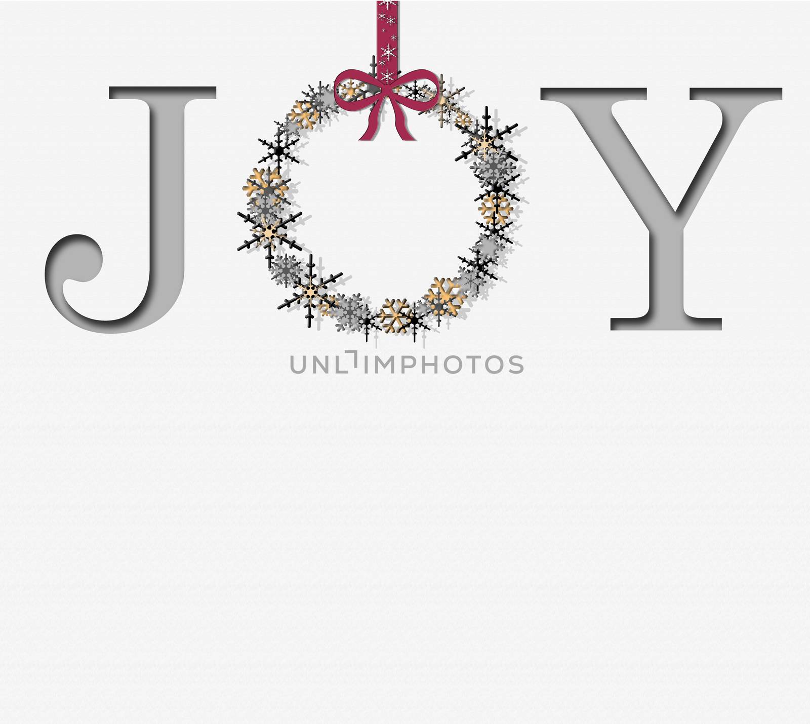 Christmas background with greeting wreath made of snowflakes, word JOY on white background. Mock up, copy space, banner, greeting card. 3D illustration.